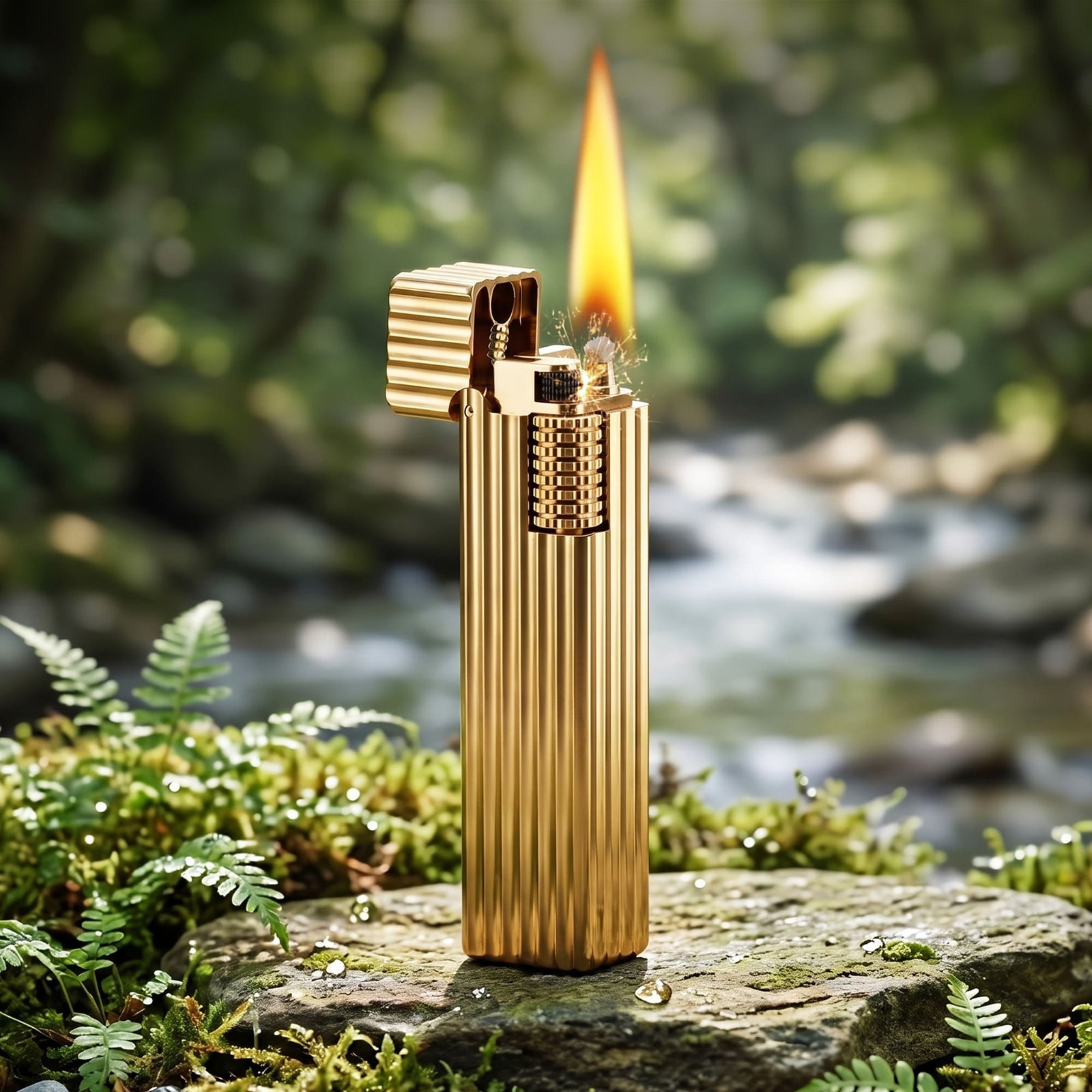 Thorens Side Slip rectangular lighter in gold pinstripe finish igniting with flame and spark, lid open to reveal flint wheel and wick in an outdoor setting.