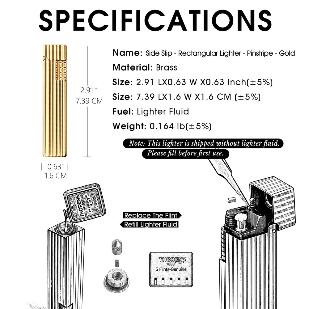 Thorens Side Slip rectangular lighter in gold pinstripe finish with diagrams showing how to refill lighter fluid and replace the flint, alongside size and material details.