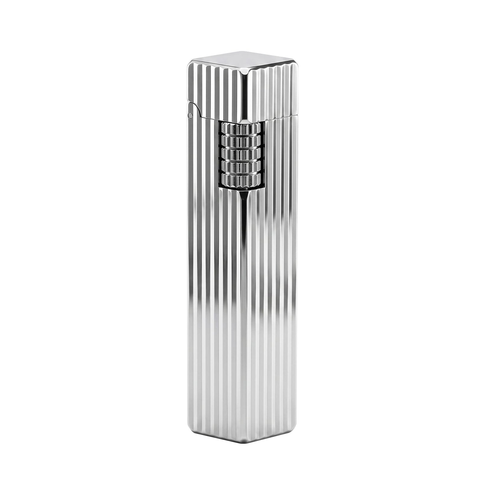 Thorens Side Slip rectangular lighter in silver pinstripe finish shown closed, highlighting vertical grooves and integrated side-slide ignition wheel in a clean brass body.
