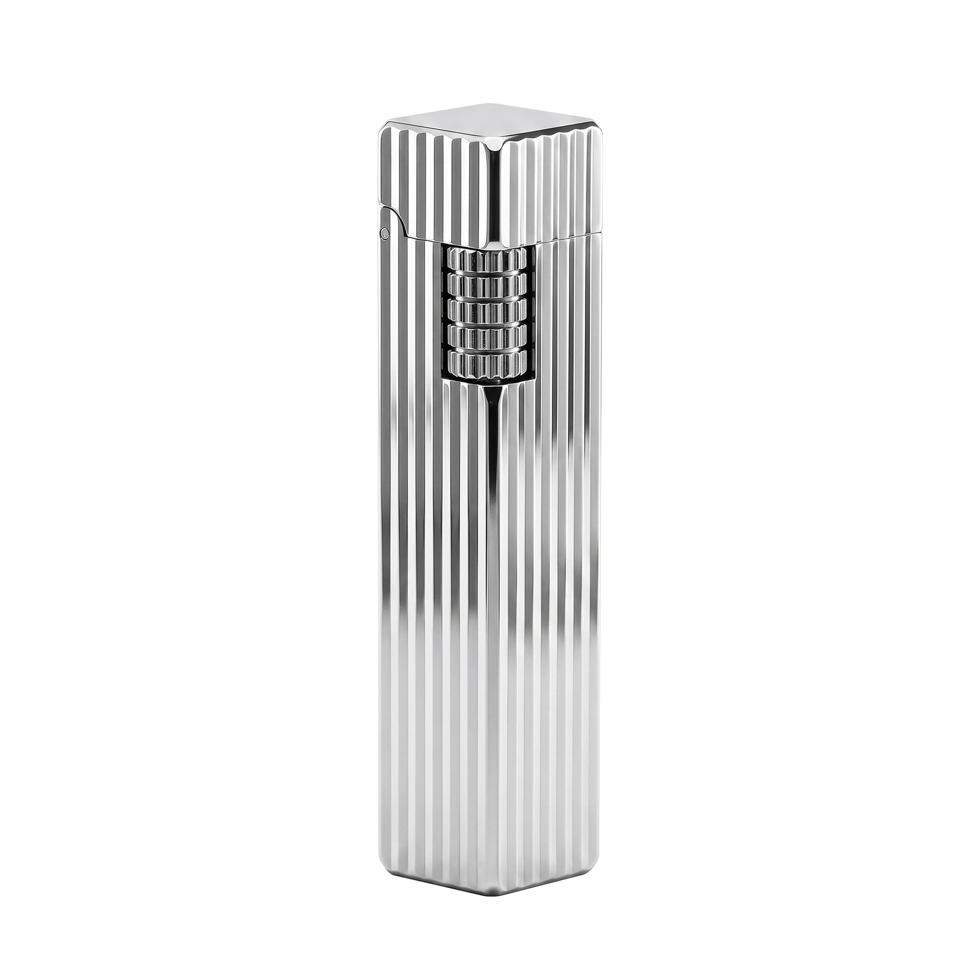 Thorens Side Slip rectangular lighter in silver pinstripe finish shown closed, highlighting vertical grooves and integrated side-slide ignition wheel in a clean brass body.