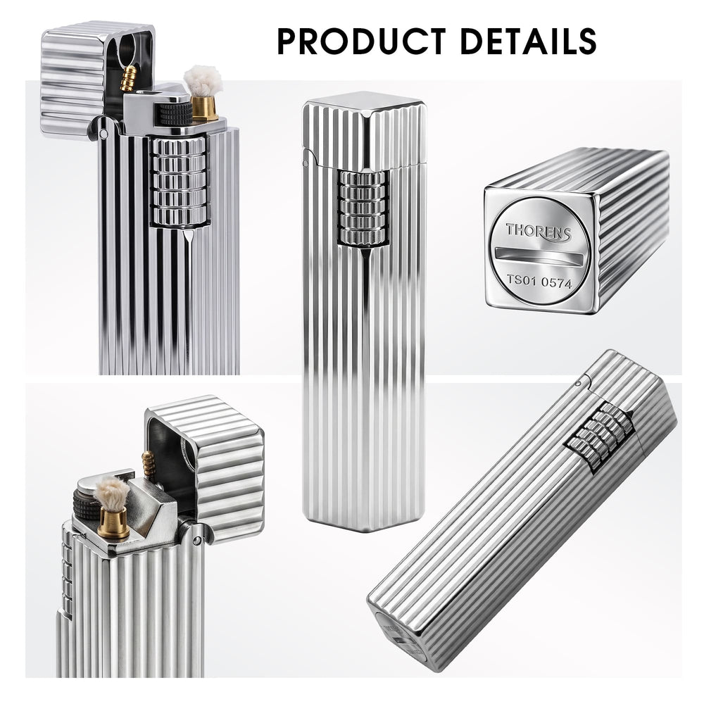 Thorens Side Slip rectangular lighter in silver pinstripe finish shown in multiple views, highlighting ignition wheel, open lid structure, base engraving, and linear brass texture.