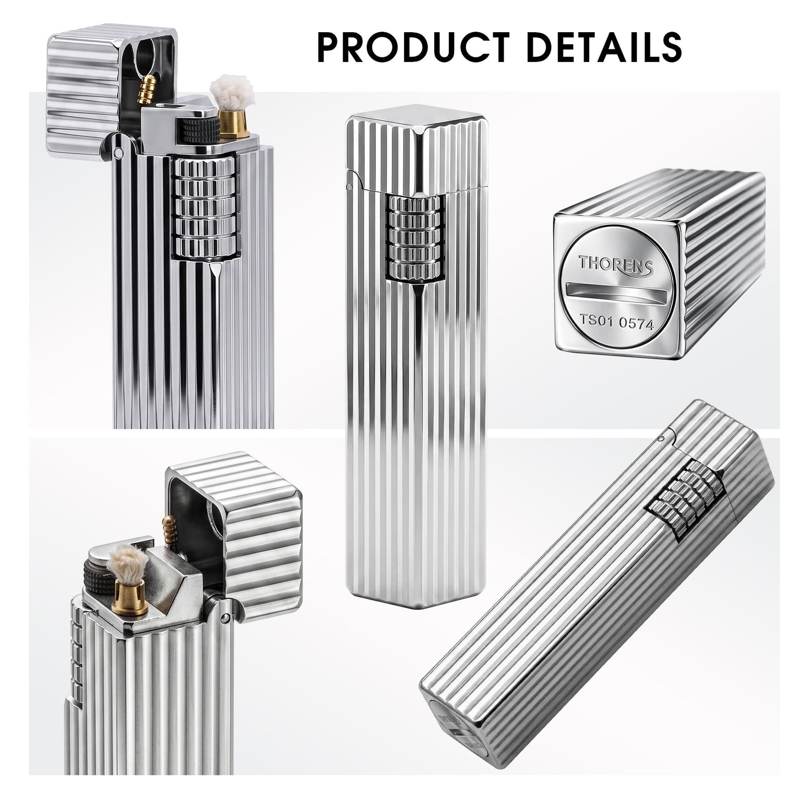 Thorens Side Slip rectangular lighter in silver pinstripe finish shown in multiple views, highlighting ignition wheel, open lid structure, base engraving, and linear brass texture.