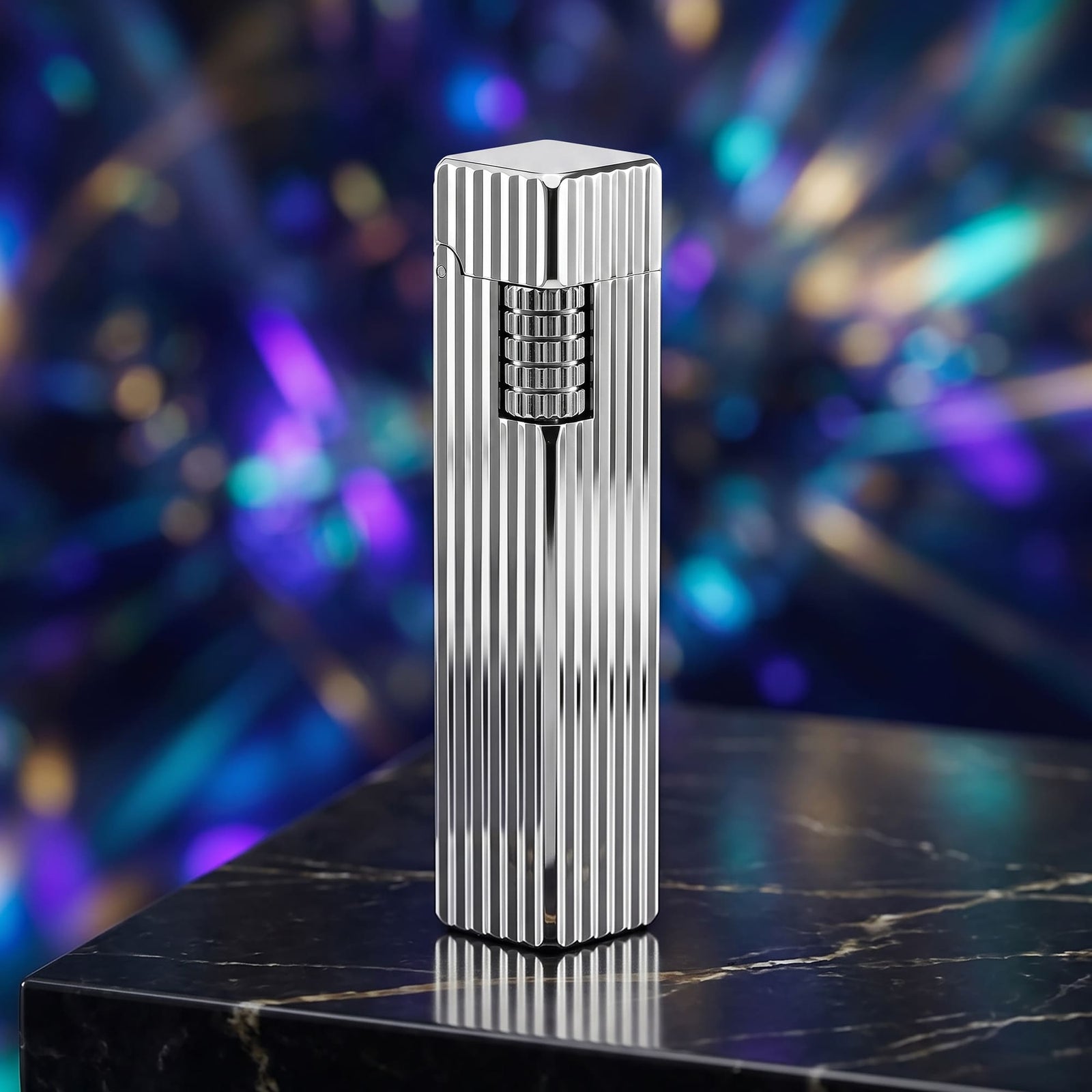 Thorens Side Slip rectangular lighter in silver pinstripe finish standing upright on a dark surface, highlighting vertical grooves and integrated side-slide ignition wheel.