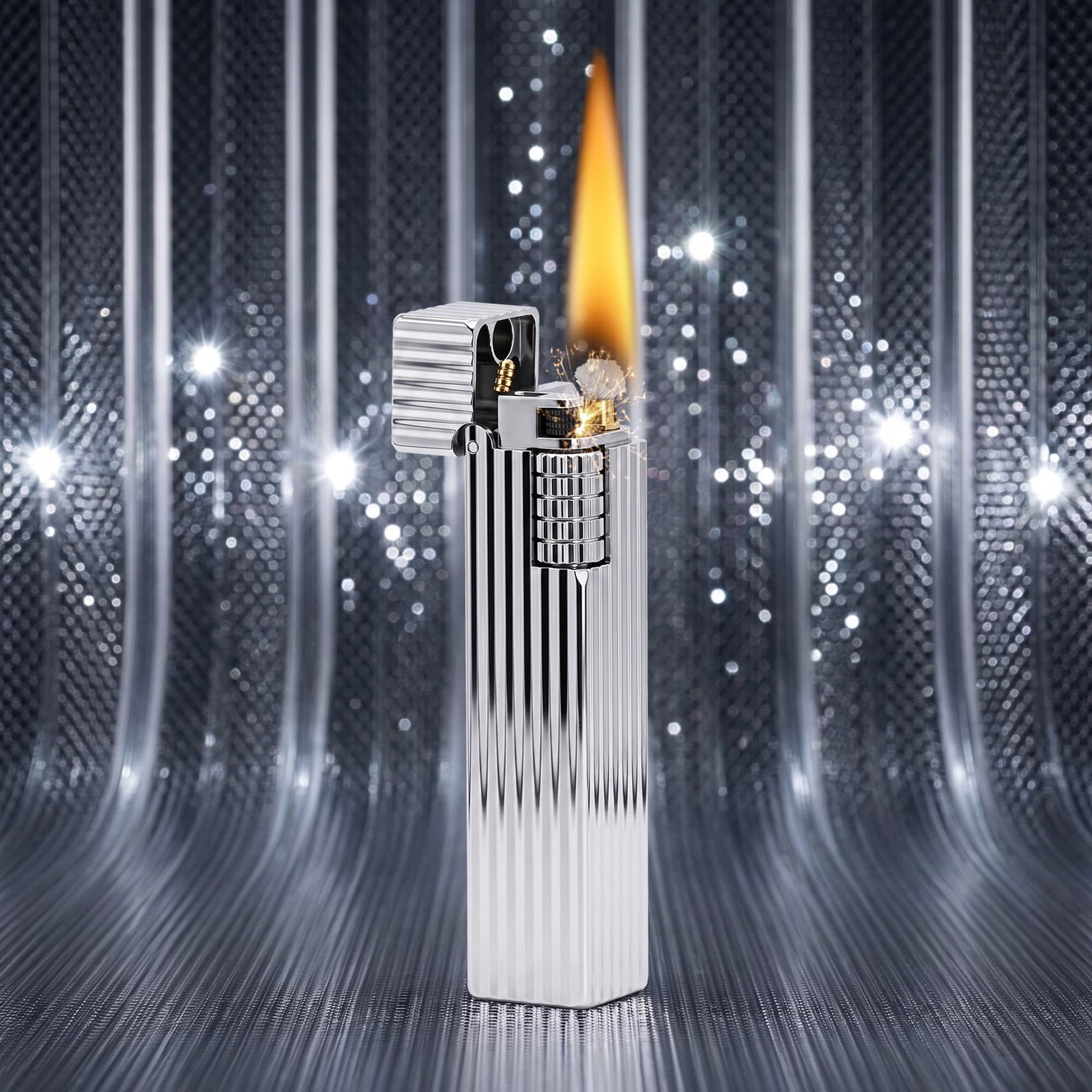 Thorens Side Slip rectangular lighter in silver pinstripe finish igniting with flame and spark, lid open to reveal flint wheel and wick against a reflective metallic backdrop.
