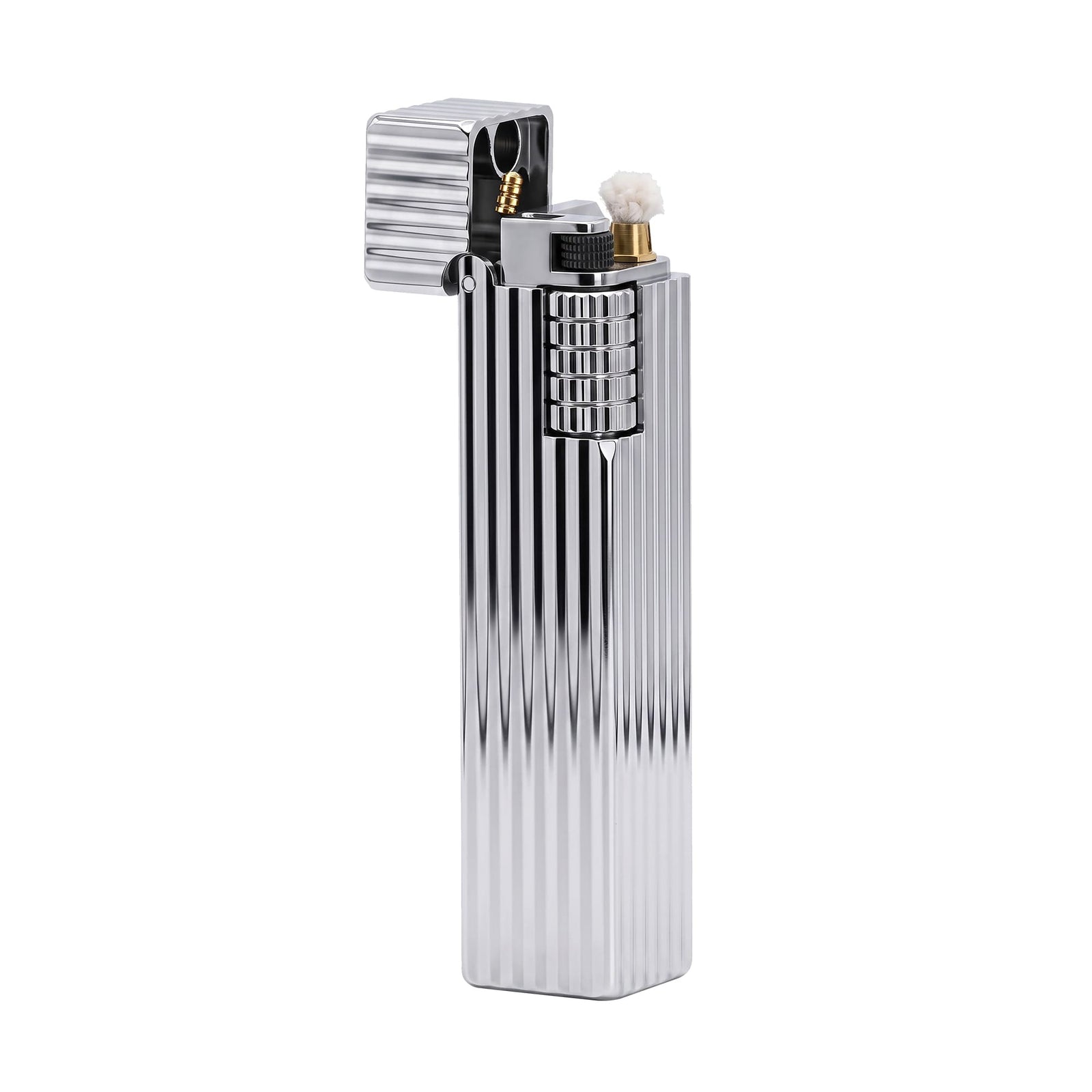 Thorens Side Slip rectangular lighter in silver pinstripe finish shown open, revealing flint wheel, wick, and internal ignition components with refined brass construction.