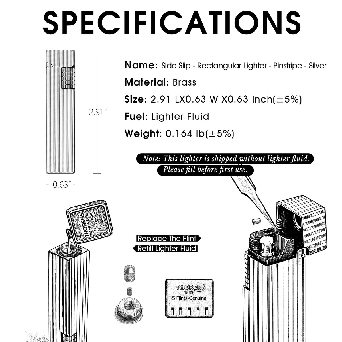 Specification layout of Thorens Side Slip rectangular lighter in silver pinstripe finish, showing dimensions, material, weight, fuel type, and refill and flint replacement diagrams.