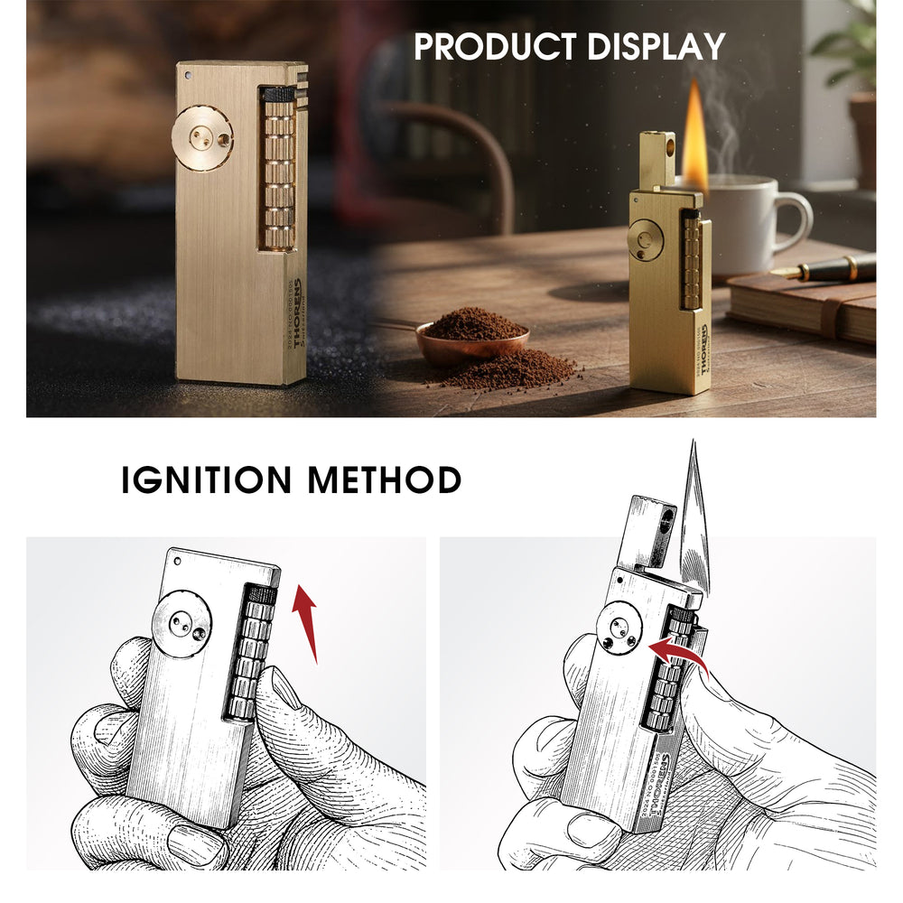 A composite display featuring the Thorens Side Slip glossy brass lighter in a lifestyle setting alongside a technical "Ignition Method" diagram illustrating the unique vertical slide mechanism.