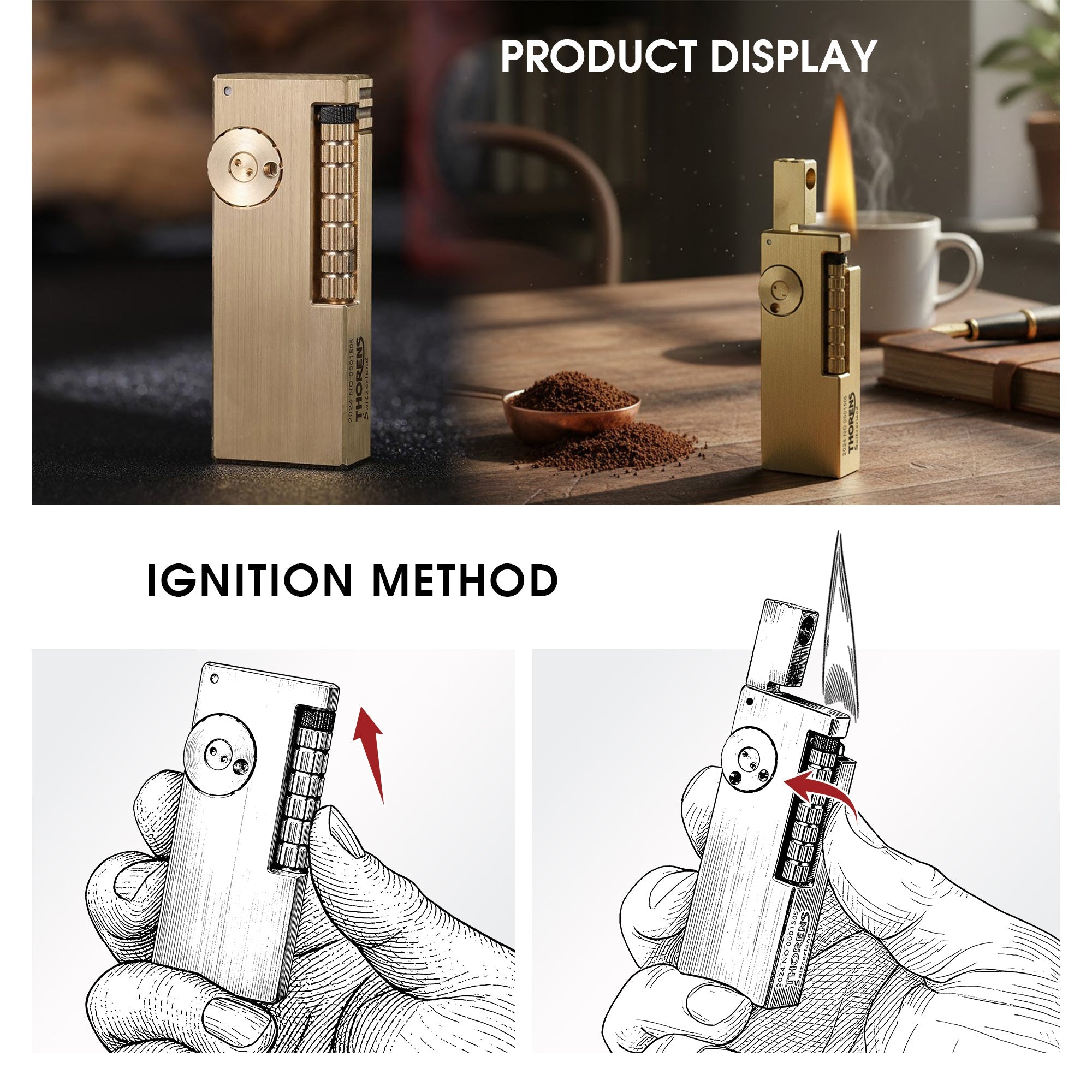 Brass Side Slide Soft Flame Lighter for EDC Pocket Carry | THORENS