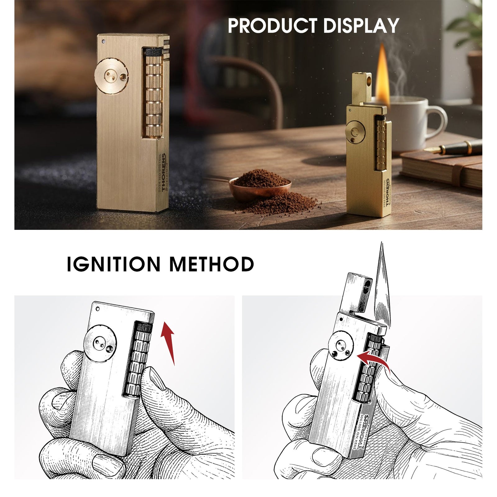 A composite display featuring the Thorens Side Slip glossy brass lighter in a lifestyle setting alongside a technical "Ignition Method" diagram illustrating the unique vertical slide mechanism.