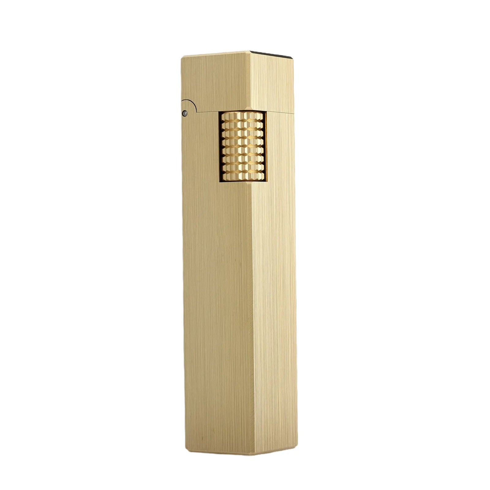 A slender, rectangular Thorens side-slip lighter with a vertical brushed gold metal texture and a knurled mechanical ignition roller.