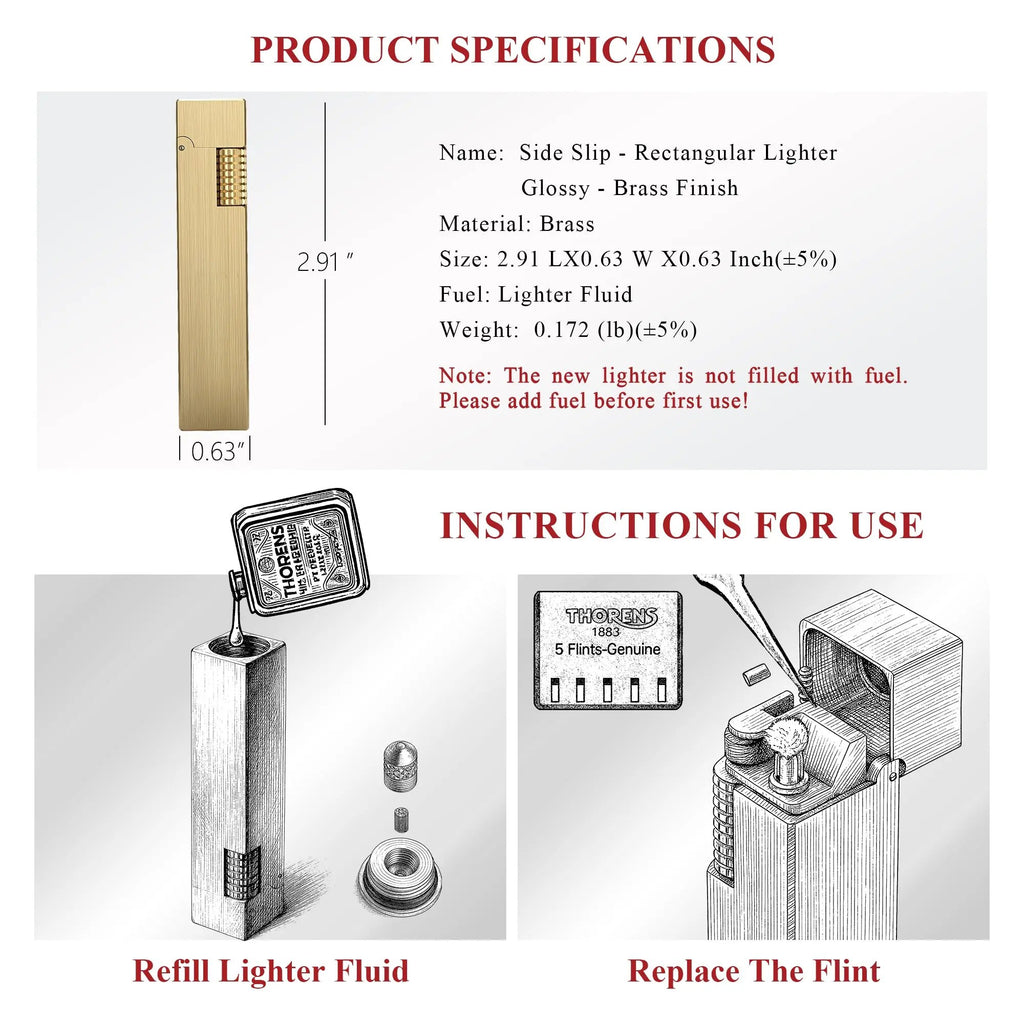 A glossy brass Side Slip rectangular lighter shown with dimension technical drawings and illustrated guides for refilling fluid and replacing the flint.