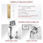 A glossy brass Side Slip rectangular lighter shown with dimension technical drawings and illustrated guides for refilling fluid and replacing the flint.