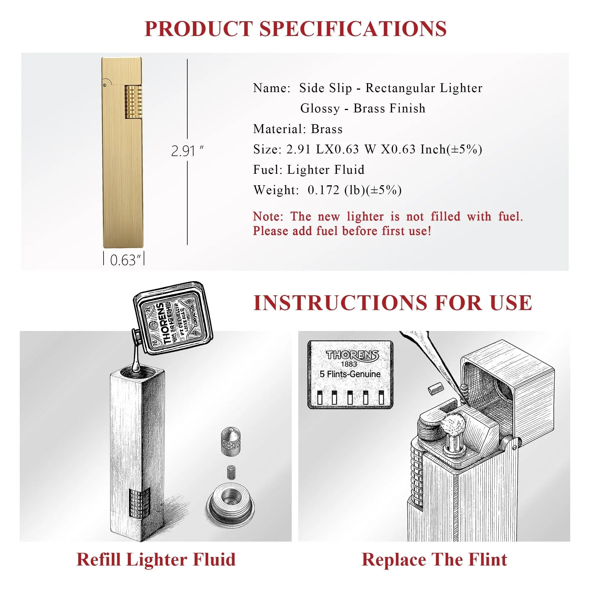 A glossy brass Side Slip rectangular lighter shown with dimension technical drawings and illustrated guides for refilling fluid and replacing the flint.