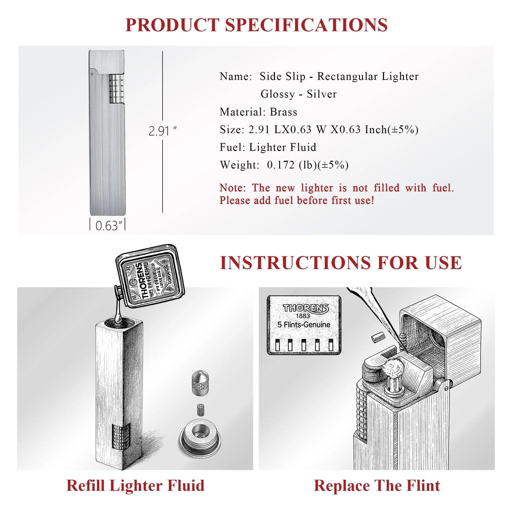 A glossy silver Side Slip rectangular lighter with brass construction detailing product dimensions, fluid refill process, and flint replacement steps.