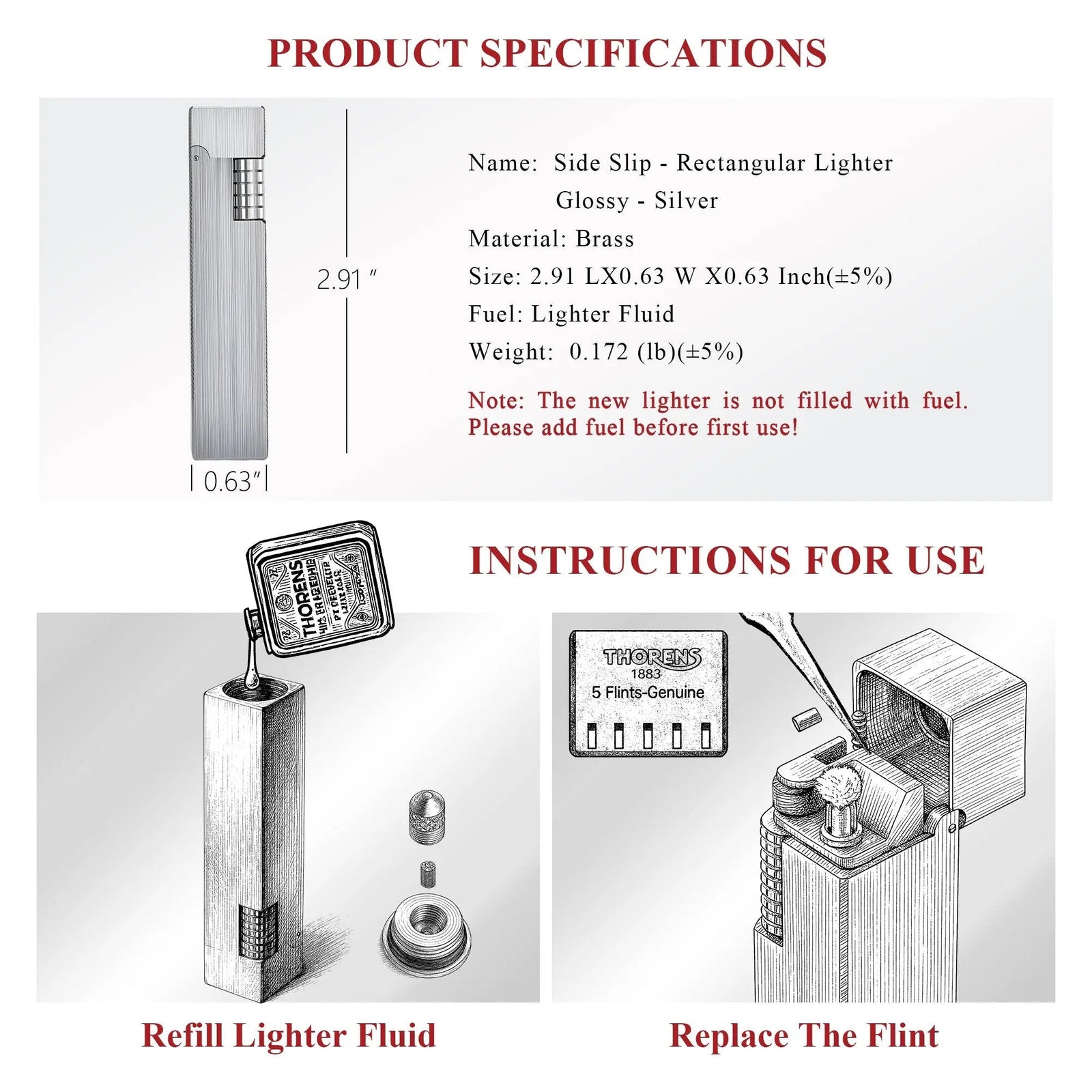 A glossy silver Side Slip rectangular lighter with brass construction detailing product dimensions, fluid refill process, and flint replacement steps.