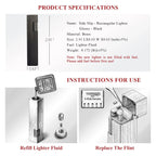 Technical specification sheet for the Side Slip Glossy Black lighter featuring brass material details, dimensions, and diagrammed instructions for refilling lighter fluid and replacing the flint.