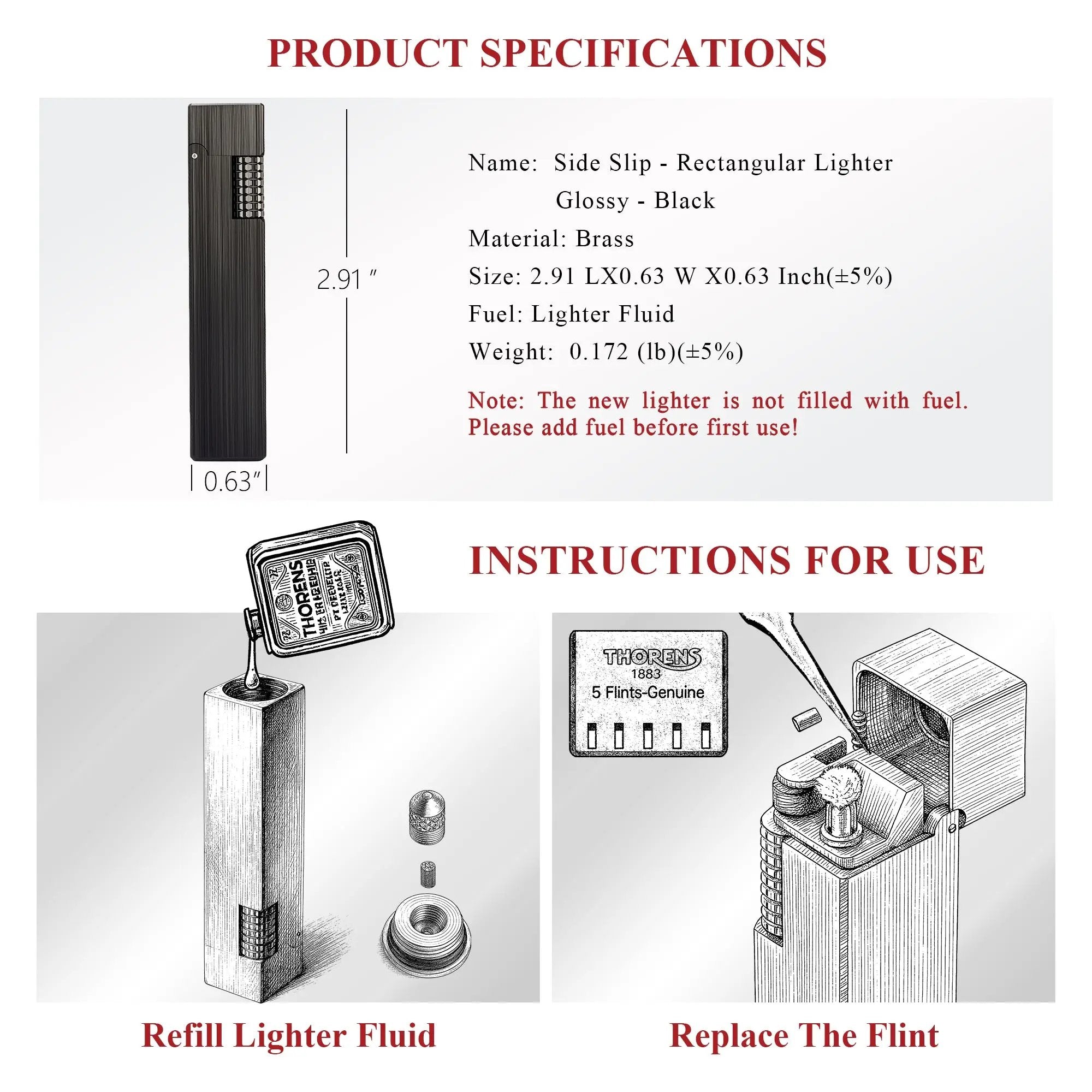 Technical specification sheet for the Side Slip Glossy Black lighter featuring brass material details, dimensions, and diagrammed instructions for refilling lighter fluid and replacing the flint.