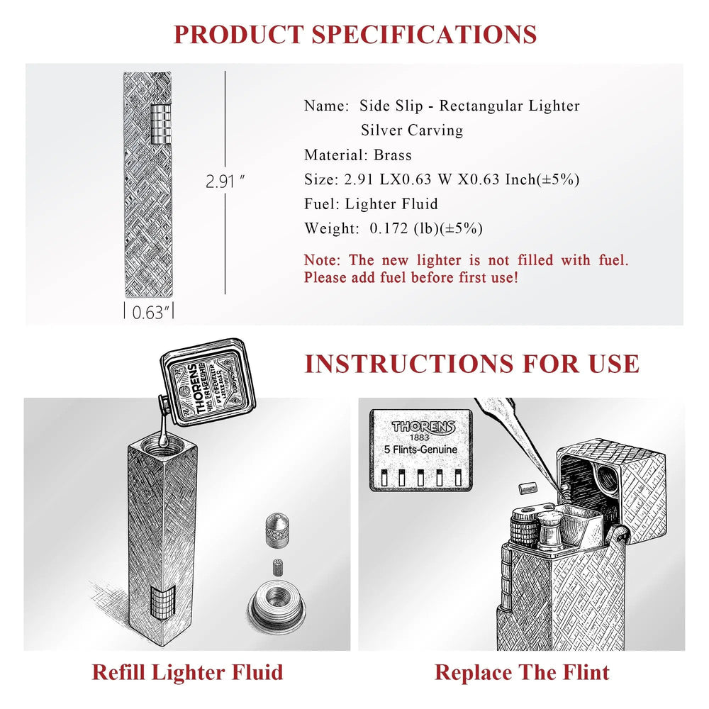 Technical drawing of a Thorens Side Slip Rectangular Lighter in silver carving brass, illustrating dimensions, fuel refilling process, and flint replacement.