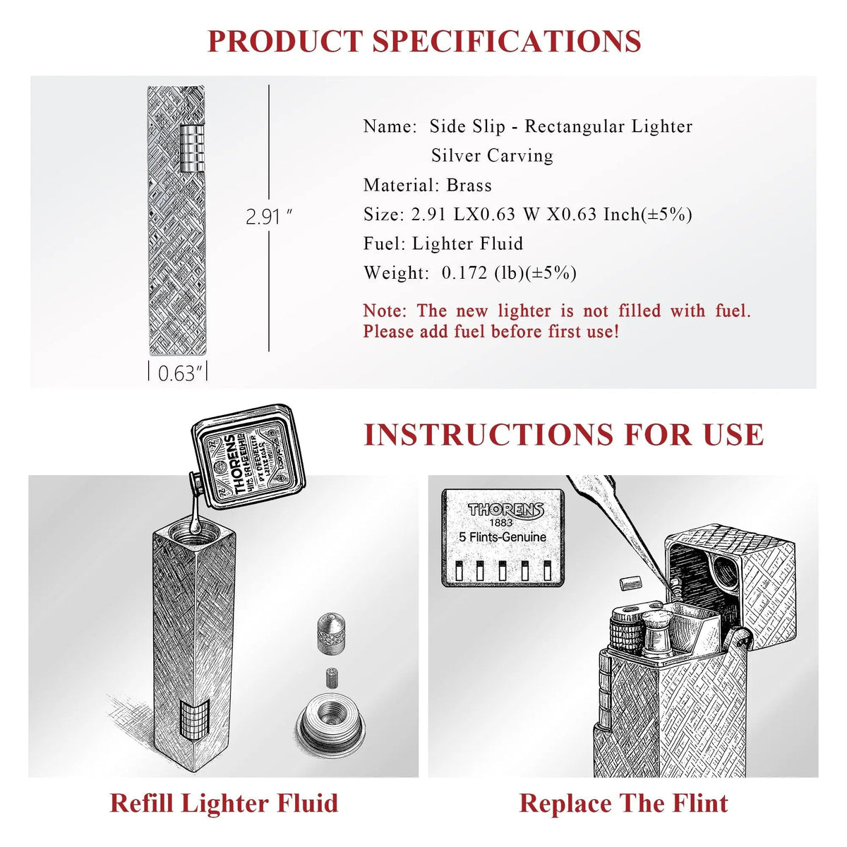 Technical drawing of a Thorens Side Slip Rectangular Lighter in silver carving brass, illustrating dimensions, fuel refilling process, and flint replacement.