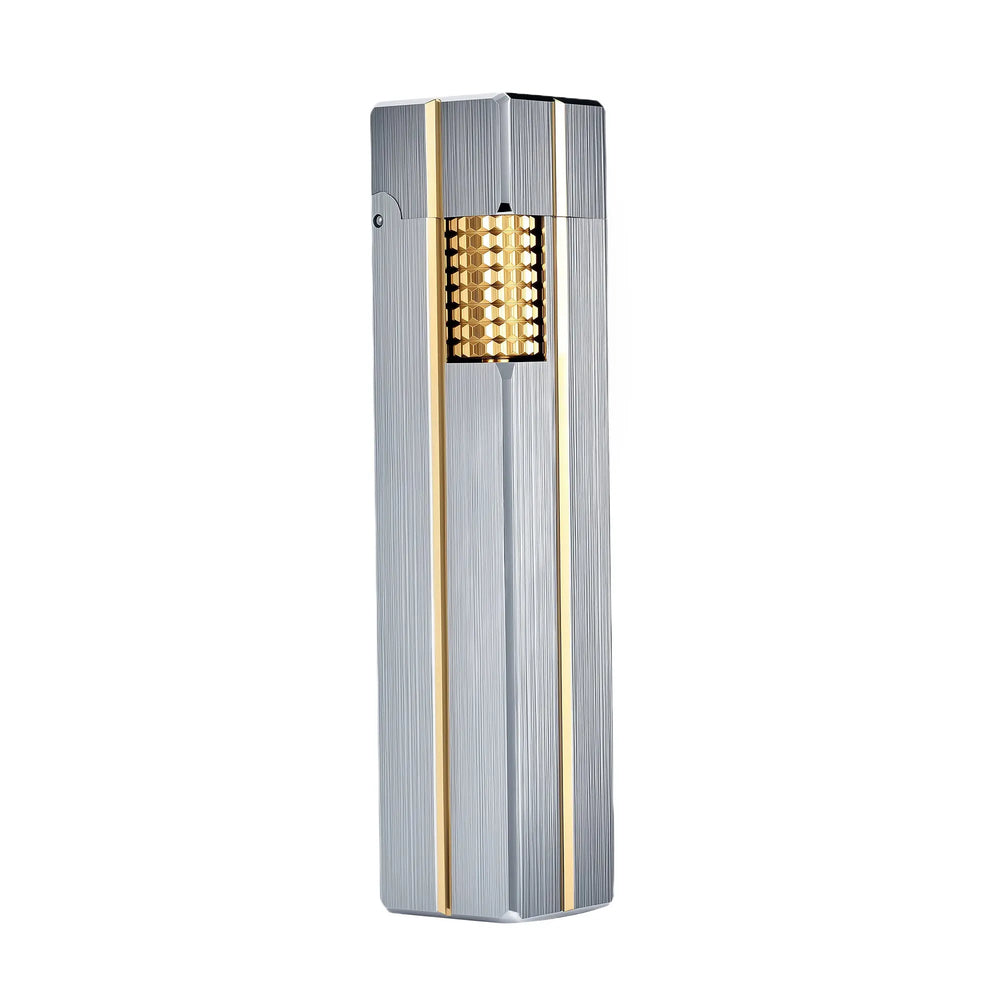 A slim Thorens side-slip rectangular lighter featuring a brushed silver metal body with vertical gold-toned stripes and a gold textured ignition wheel.