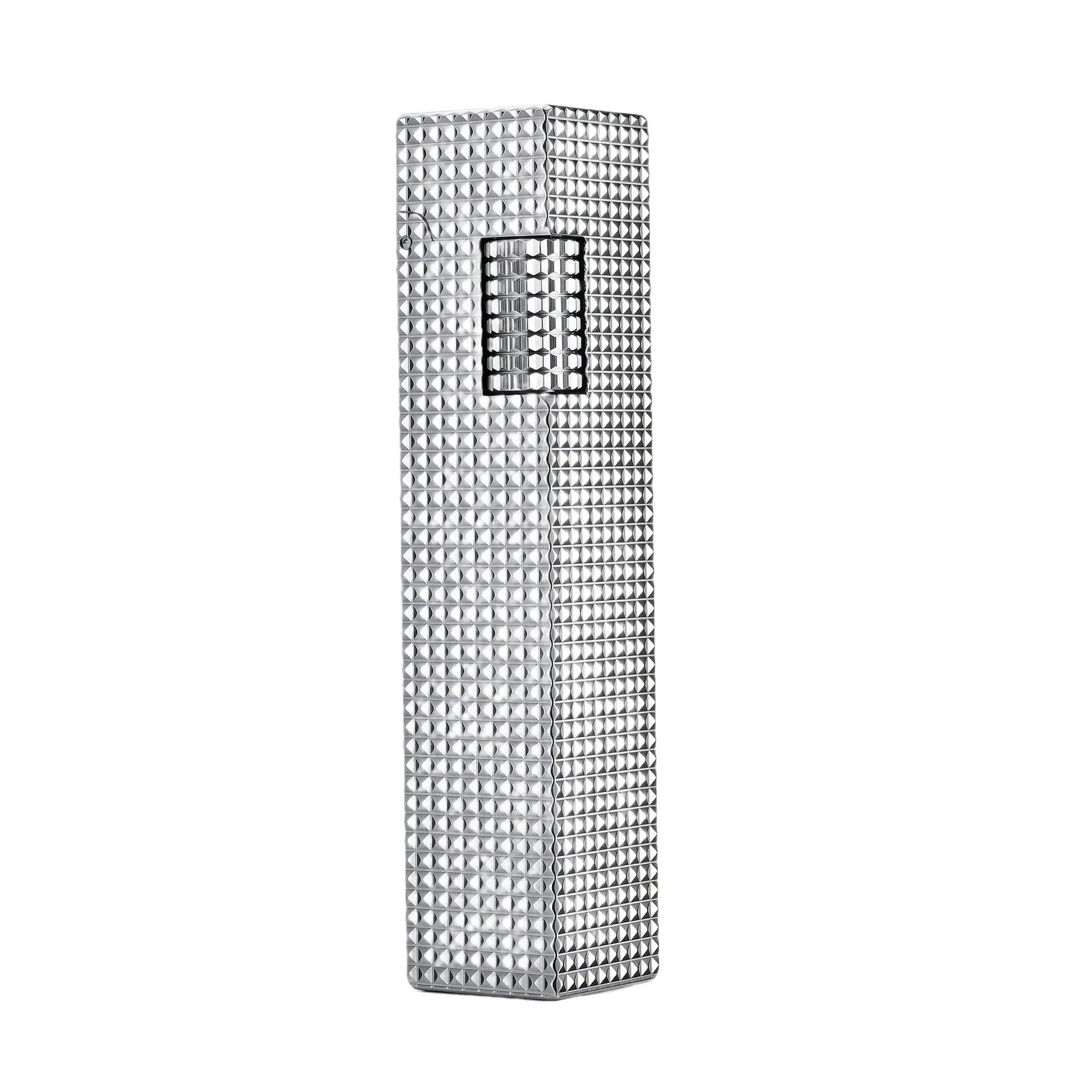 A slender, rectangular Thorens side-slip lighter in a polished silver finish, featuring a full-body small square hobnail texture and mechanical ignition roller.