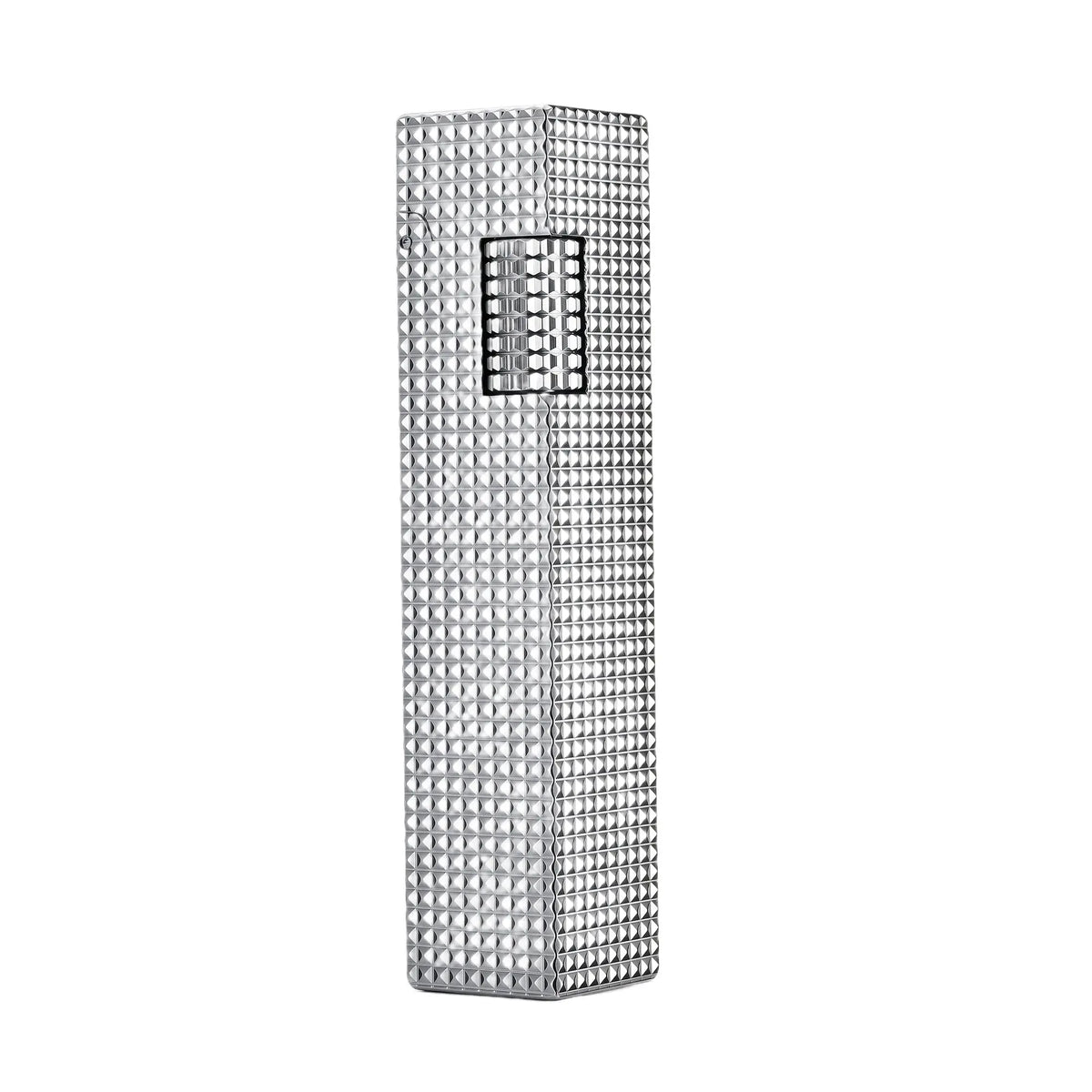 A slim, rectangular Thorens side-slip lighter in polished silver, featuring a full-body small square hobnail texture and mechanical ignition roller.