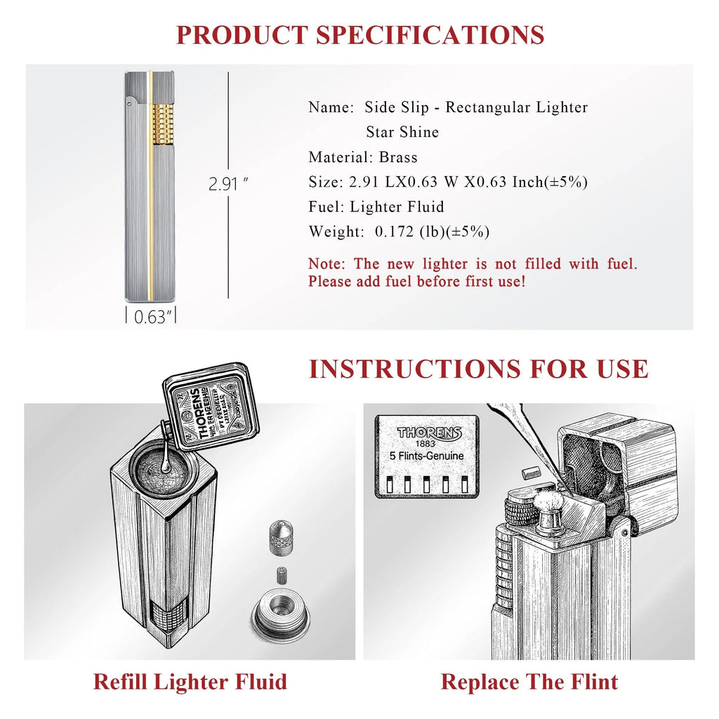 Technical chart for the Side Slip Star Shine lighter showing brass material specs, dimensions, and diagrammed instructions for refilling fluid and replacing the flint.