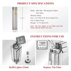 Technical chart for the Side Slip Star Shine lighter showing brass material specs, dimensions, and diagrammed instructions for refilling fluid and replacing the flint.