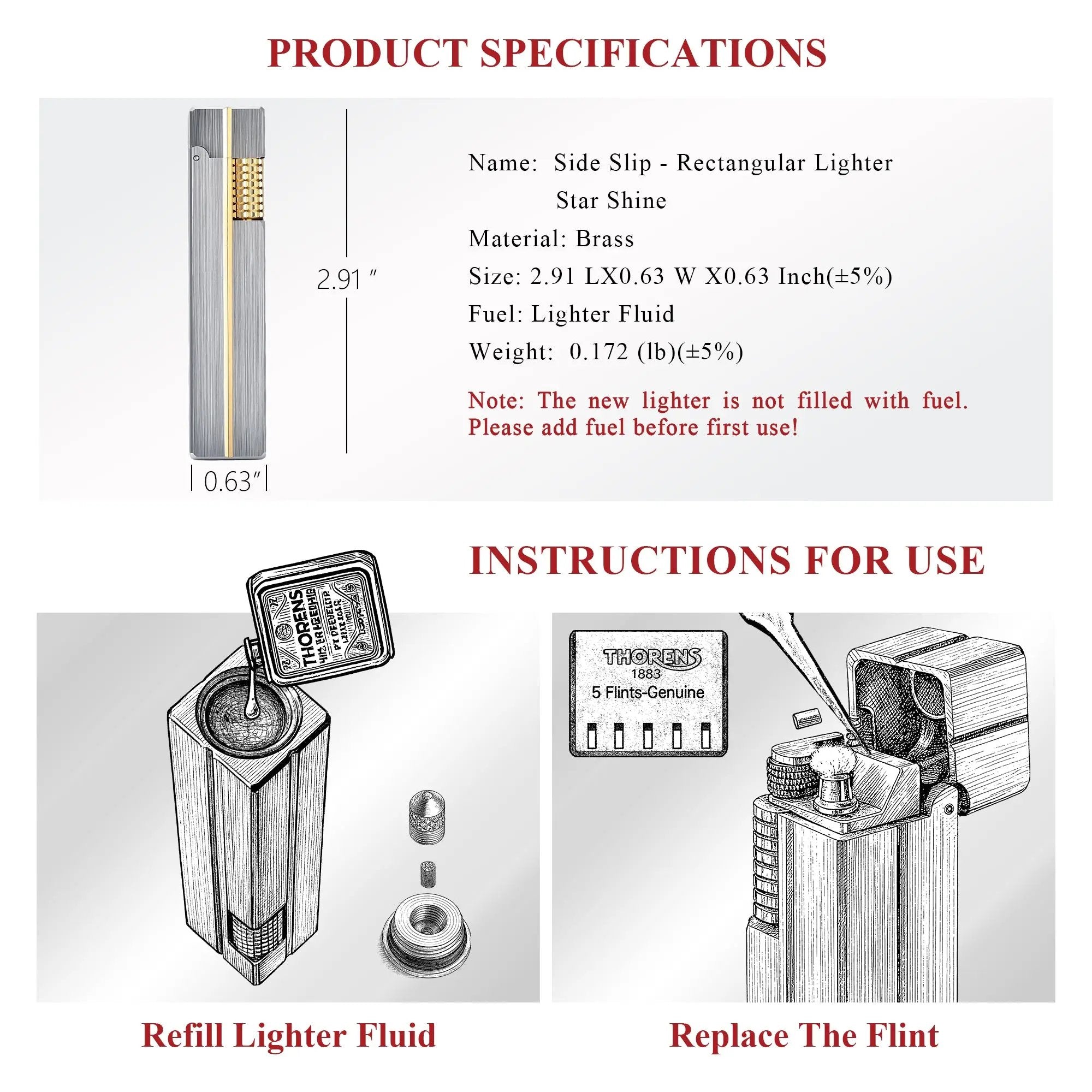 Technical chart for the Side Slip Star Shine lighter showing brass material specs, dimensions, and diagrammed instructions for refilling fluid and replacing the flint.