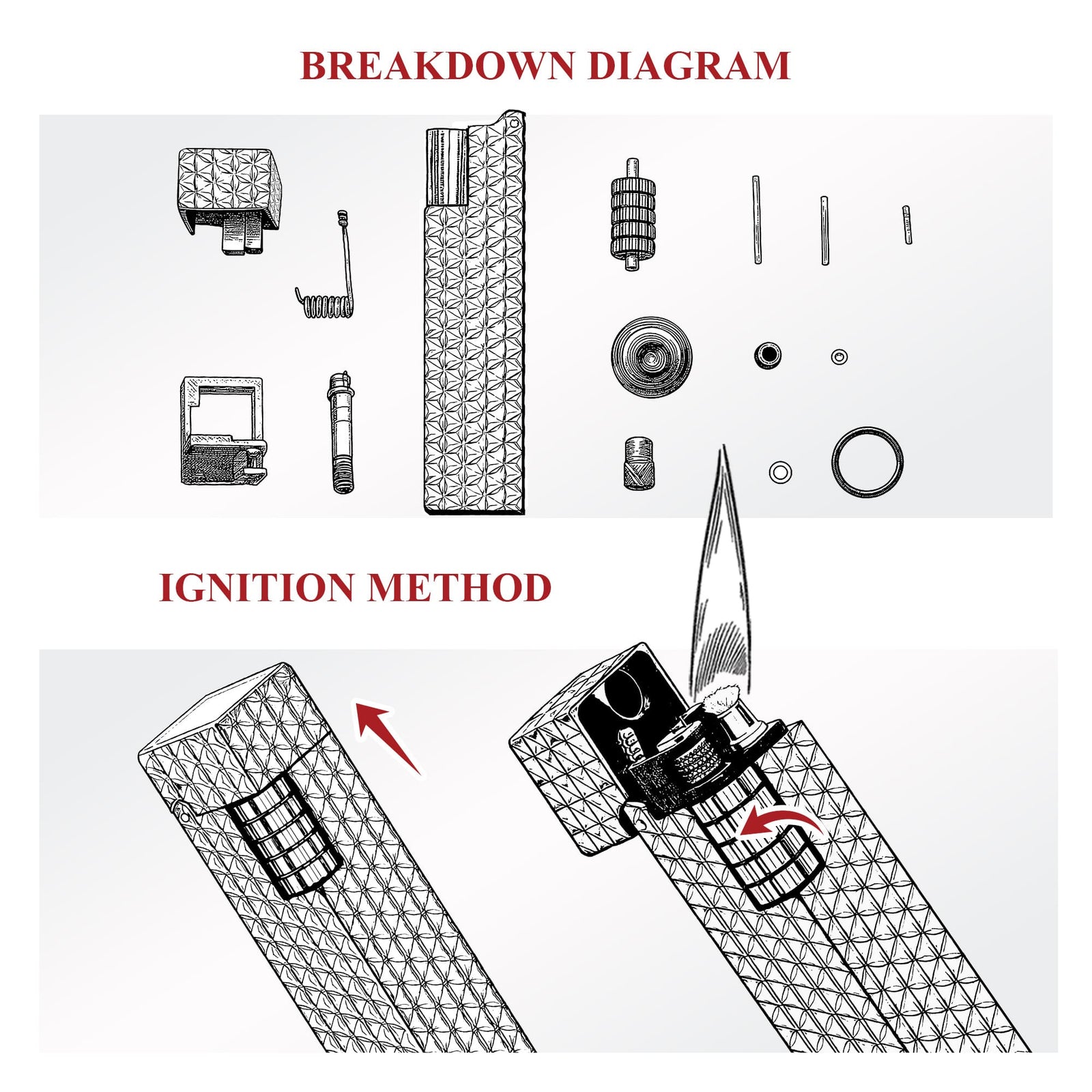Illustrated breakdown diagram and ignition method for the Thorens Side Slip rectangular lighter in black starburst pattern, showing internal components and sliding ignition operation.
