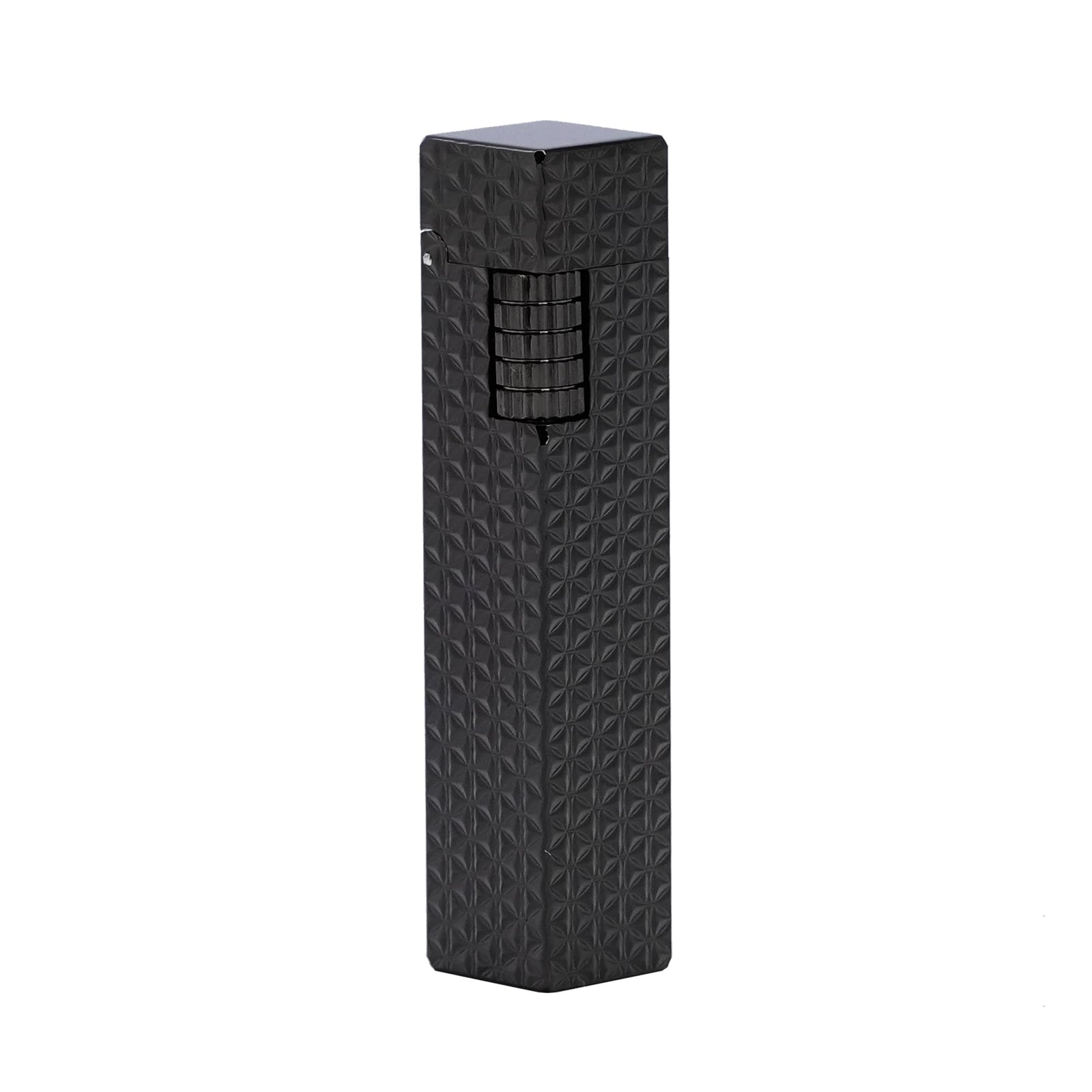 Thorens Side Slip rectangular lighter in black starburst pattern shown closed on a clean background, highlighting geometric engraved surface and integrated ignition wheel.