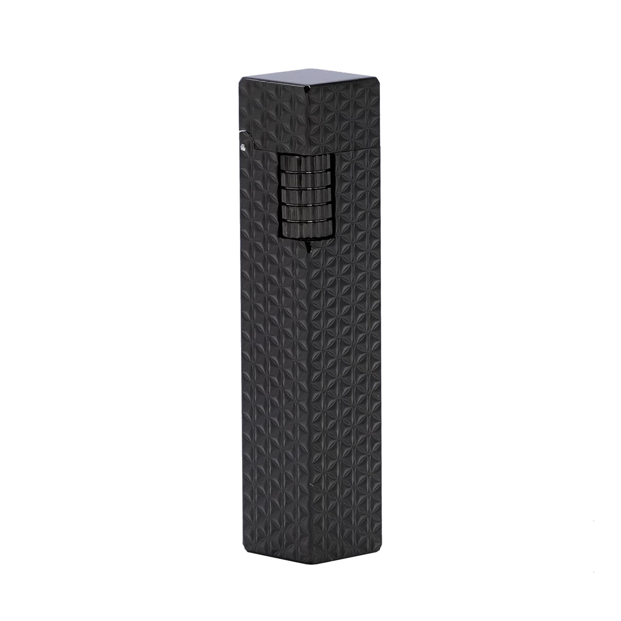 Thorens Side Slip rectangular lighter in black starburst pattern shown closed on a clean background, highlighting geometric engraved surface and integrated ignition wheel.