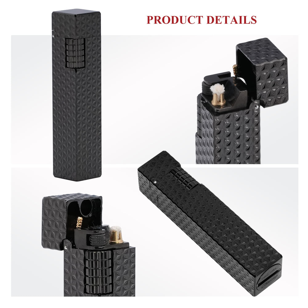 Detailed views of the Thorens Side Slip rectangular lighter in black starburst pattern, showing ignition mechanism, textured wheel, and precision metal construction.