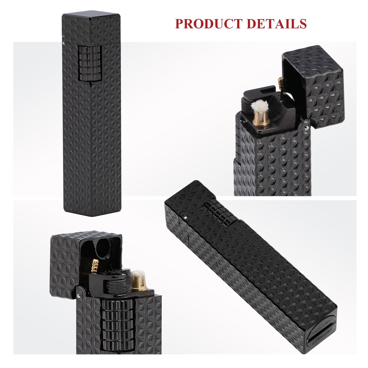 Detailed views of the Thorens Side Slip rectangular lighter in black starburst pattern, showing ignition mechanism, textured wheel, and precision metal construction.