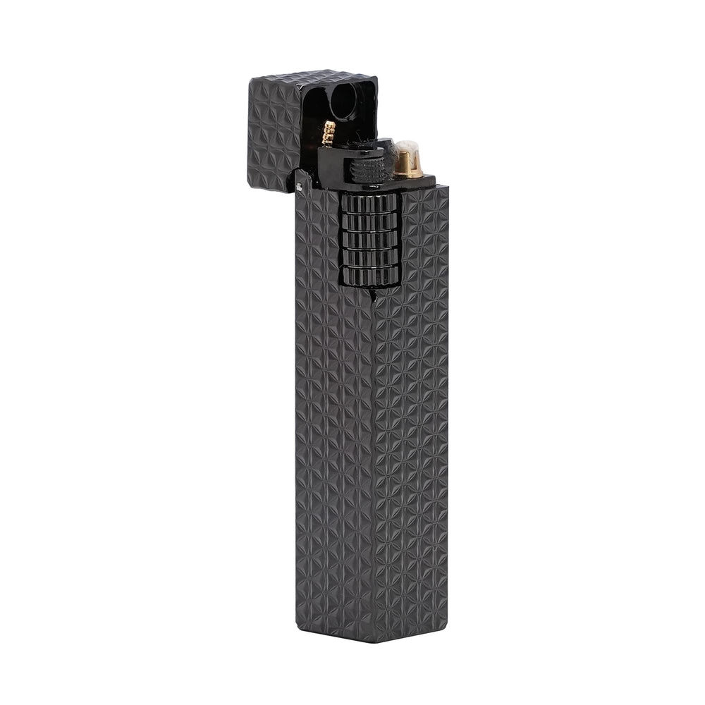 Thorens Side Slip rectangular lighter in black starburst pattern with lid open, revealing wick, flint wheel, and internal ignition mechanism.
