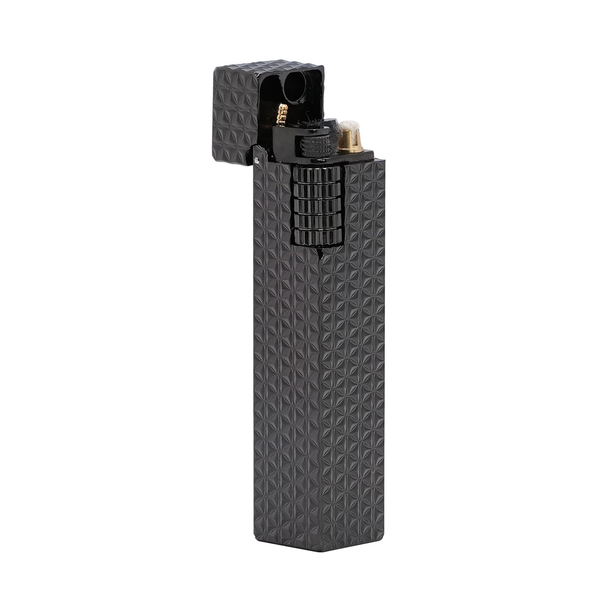 Thorens Side Slip rectangular lighter in black starburst pattern with lid open, revealing wick, flint wheel, and internal ignition mechanism.