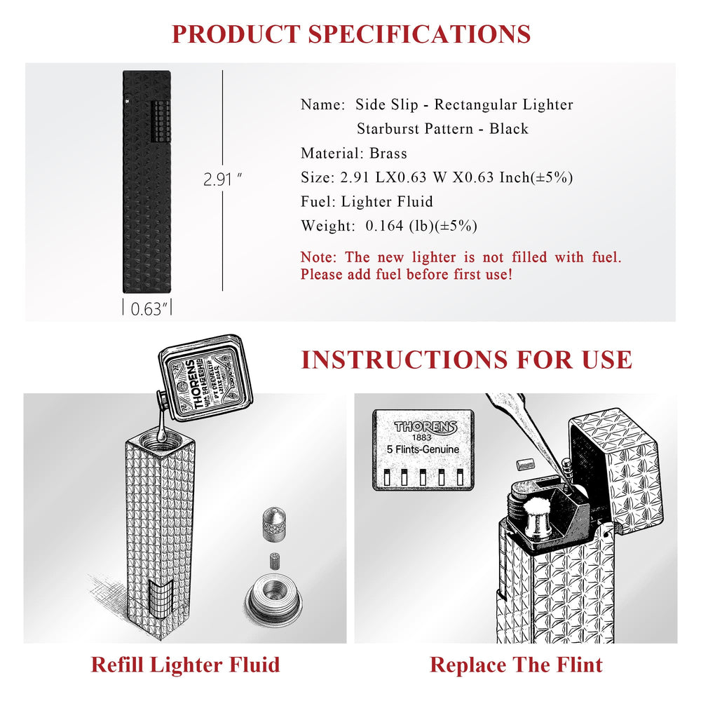 Product specifications and usage guide for the Thorens Side Slip rectangular lighter in black starburst pattern, including size details, fuel refill, and flint replacement instructions.