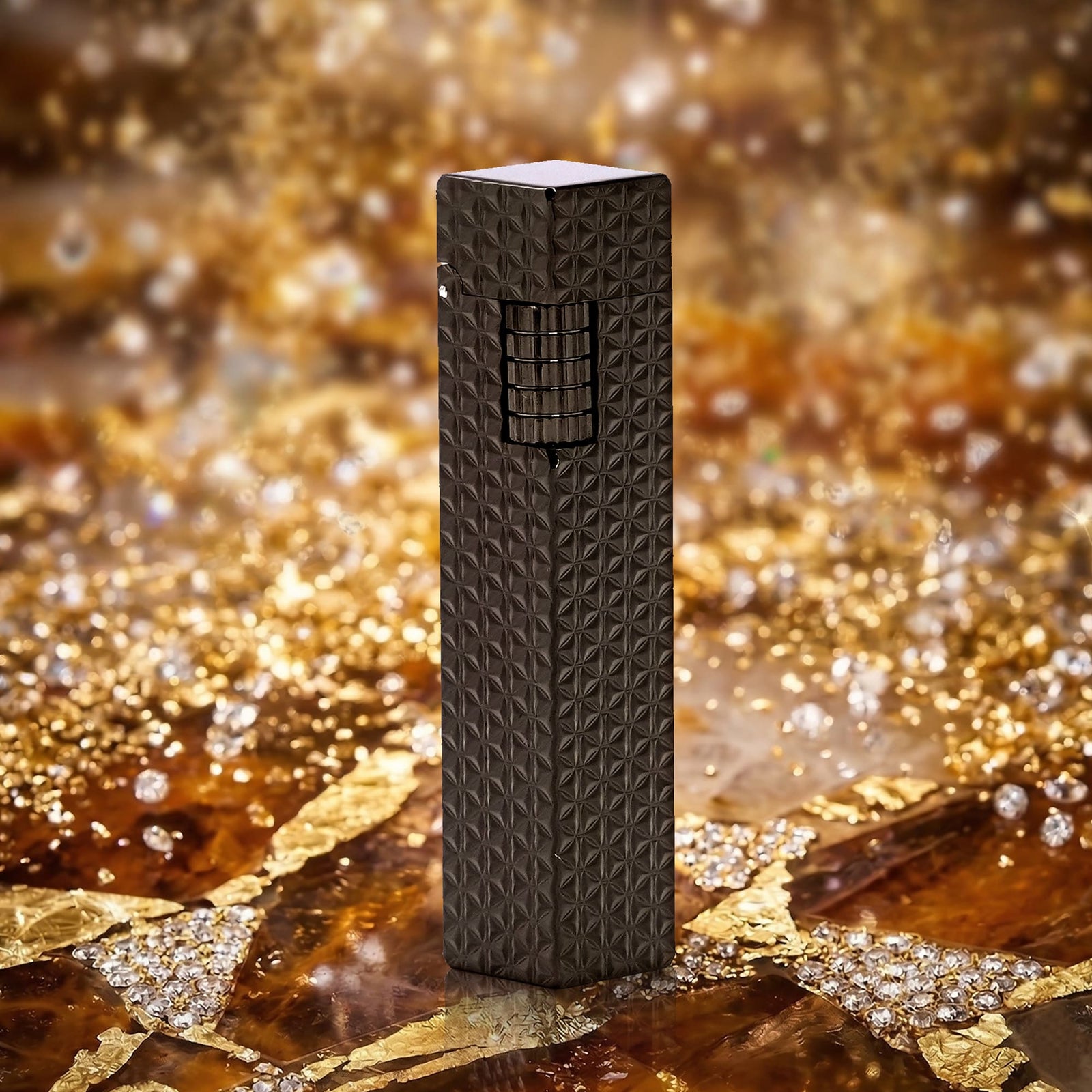 Thorens Side Slip rectangular lighter in black starburst pattern standing upright, highlighting geometric engraved surface and integrated ignition wheel.