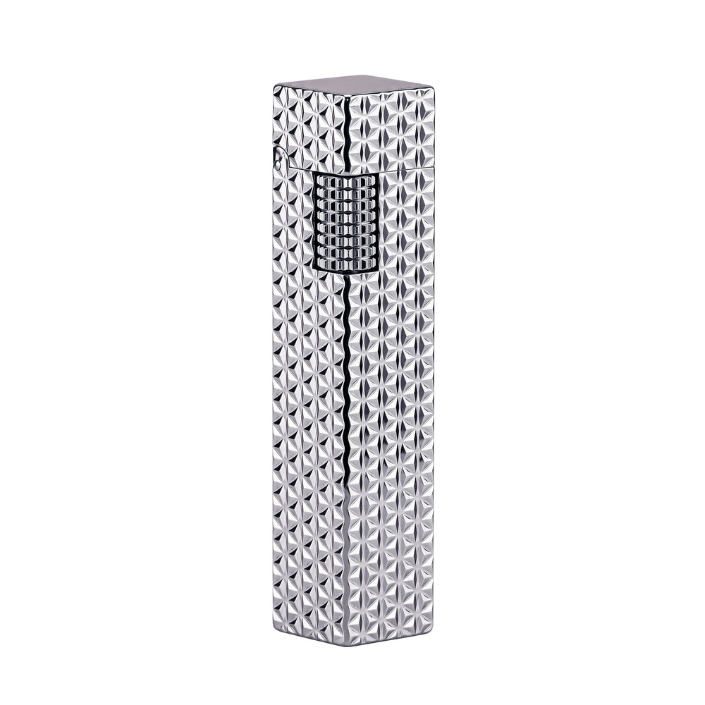 Thorens Side Slip rectangular lighter in silver starburst pattern shown closed on a clean background, highlighting geometric engraved surface and integrated ignition wheel.