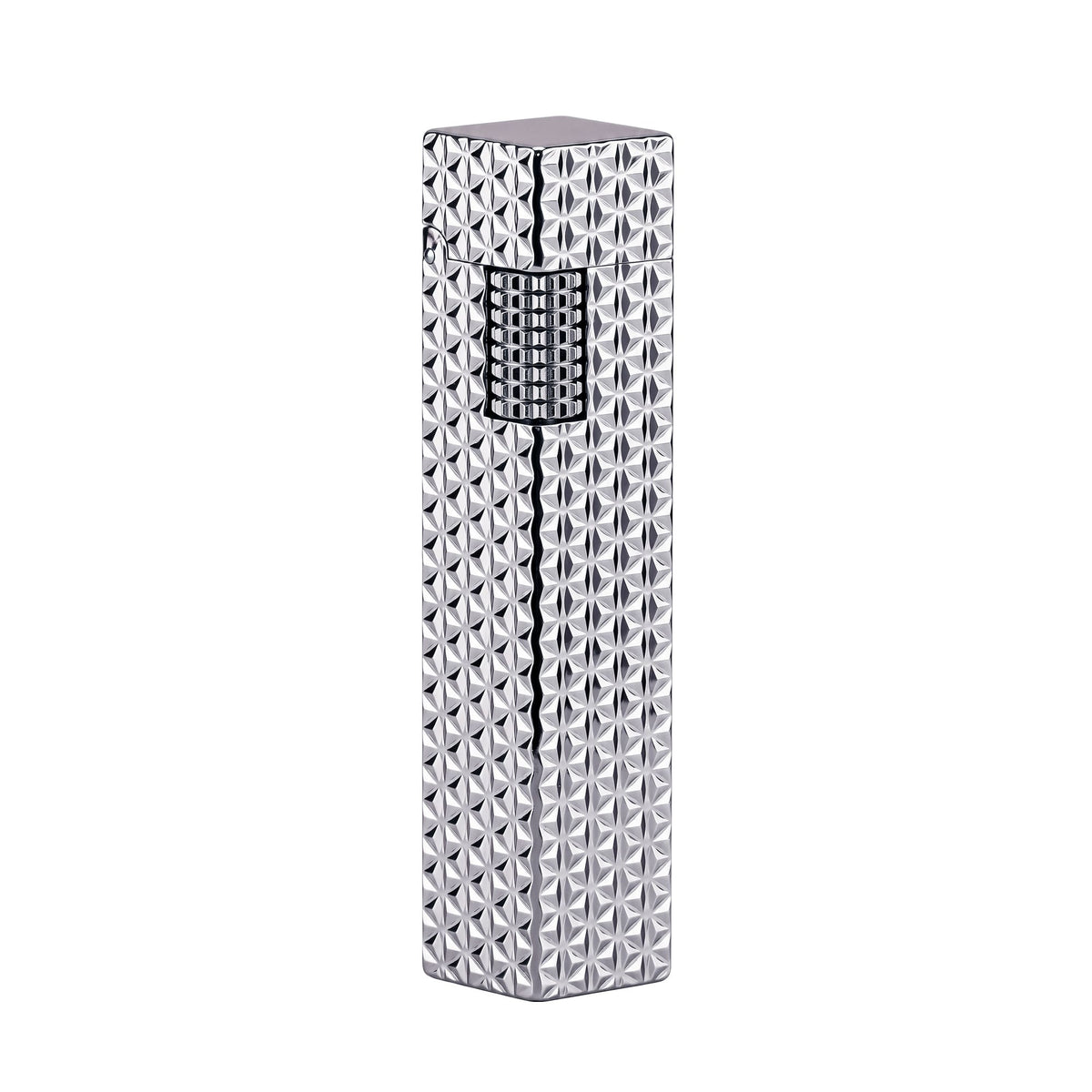 Thorens Side Slip rectangular lighter in silver starburst pattern shown closed on a clean background, highlighting geometric engraved surface and integrated ignition wheel.