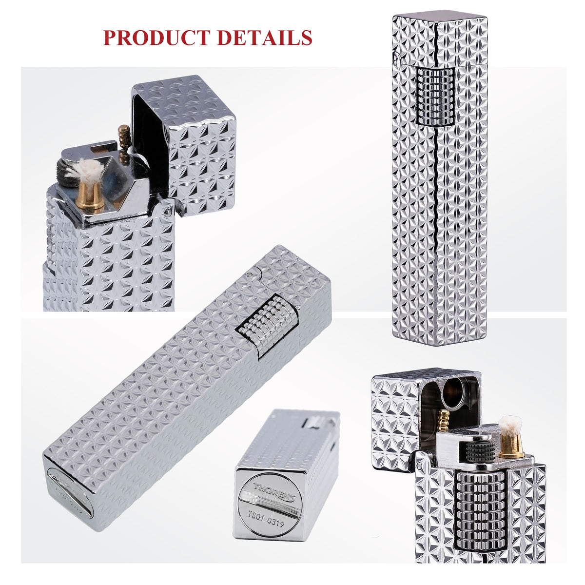 Detailed views of the Thorens Side Slip rectangular lighter in silver starburst pattern, showing ignition mechanism, textured wheel, engraved base, and precision metal construction.