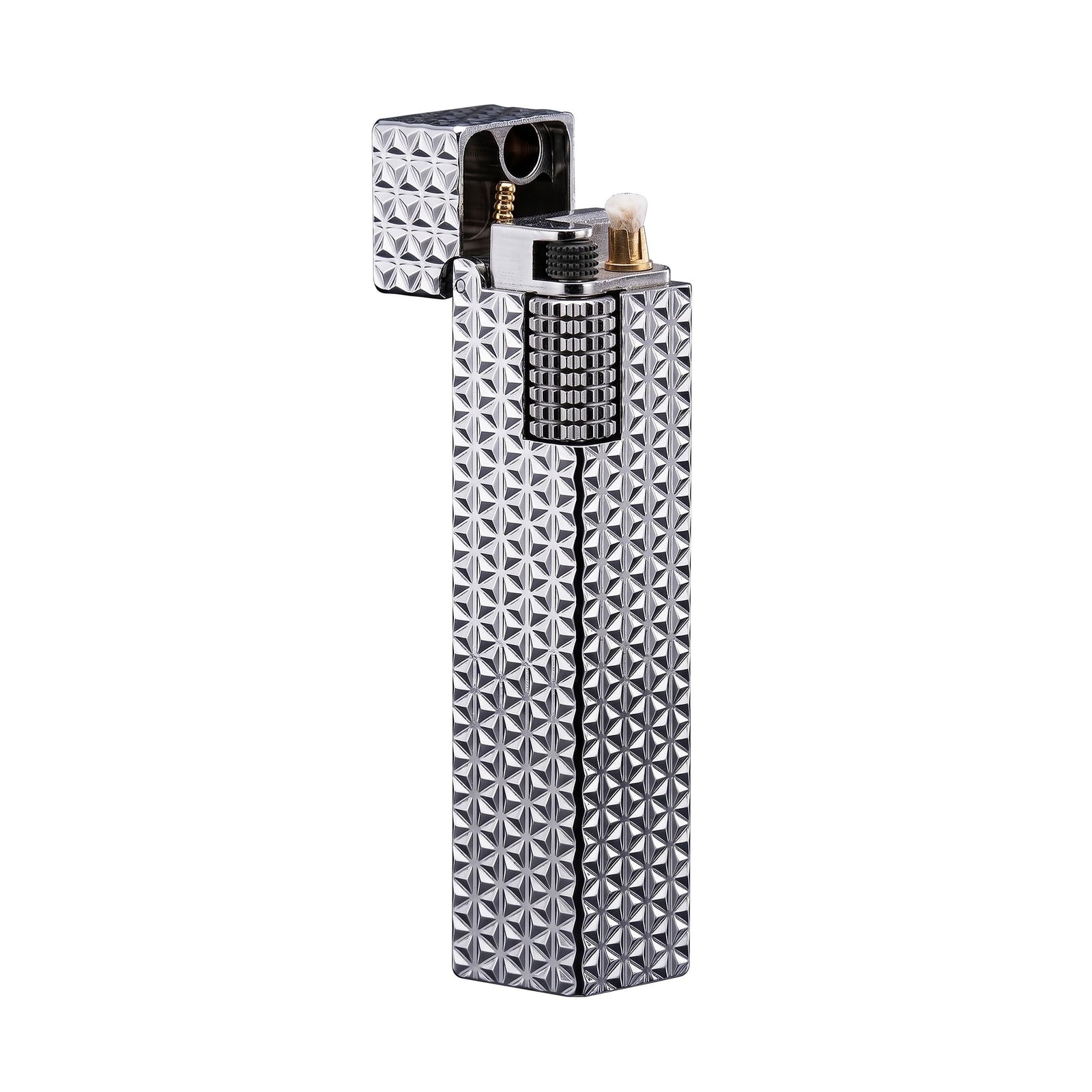 Thorens Side Slip rectangular lighter in silver starburst pattern with lid open, revealing wick, flint wheel, and internal ignition mechanism.
