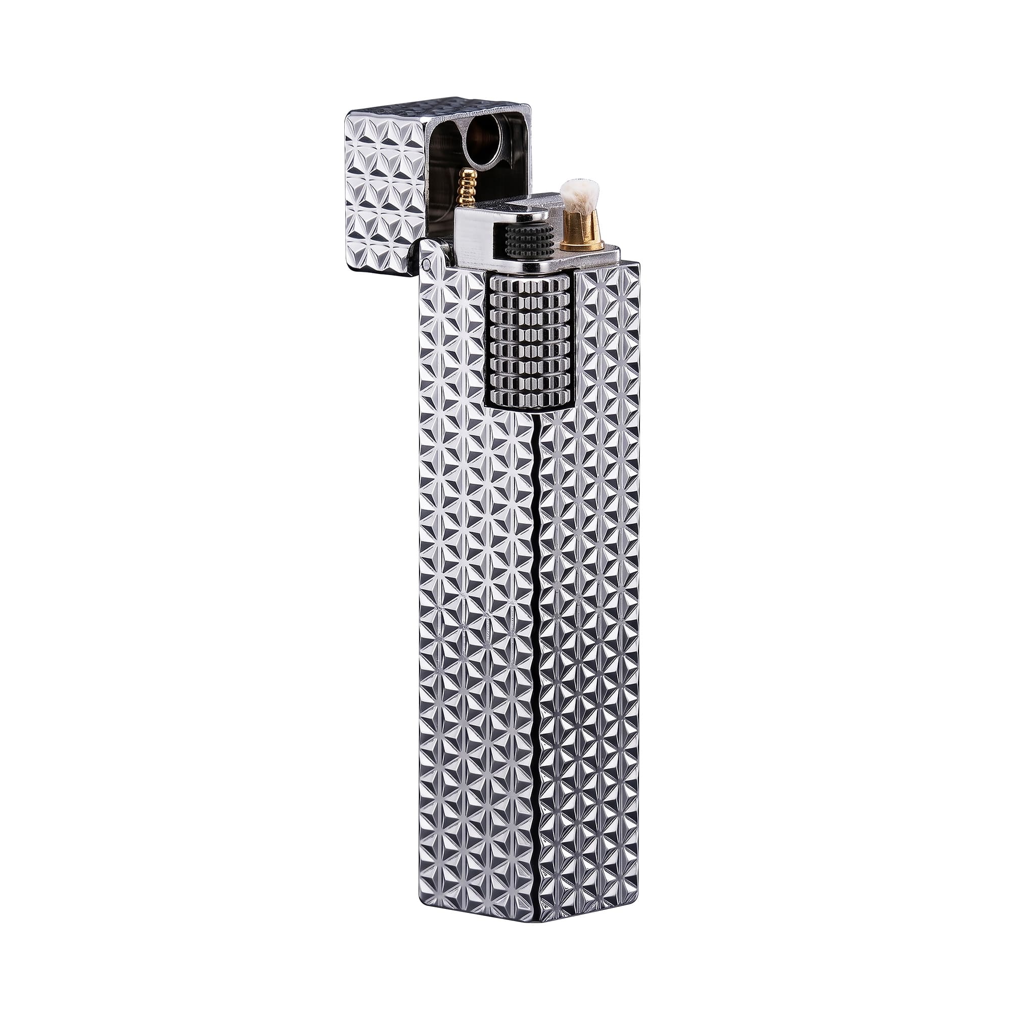 Thorens Side Slip rectangular lighter in silver starburst pattern with lid open, revealing wick, flint wheel, and internal ignition mechanism.