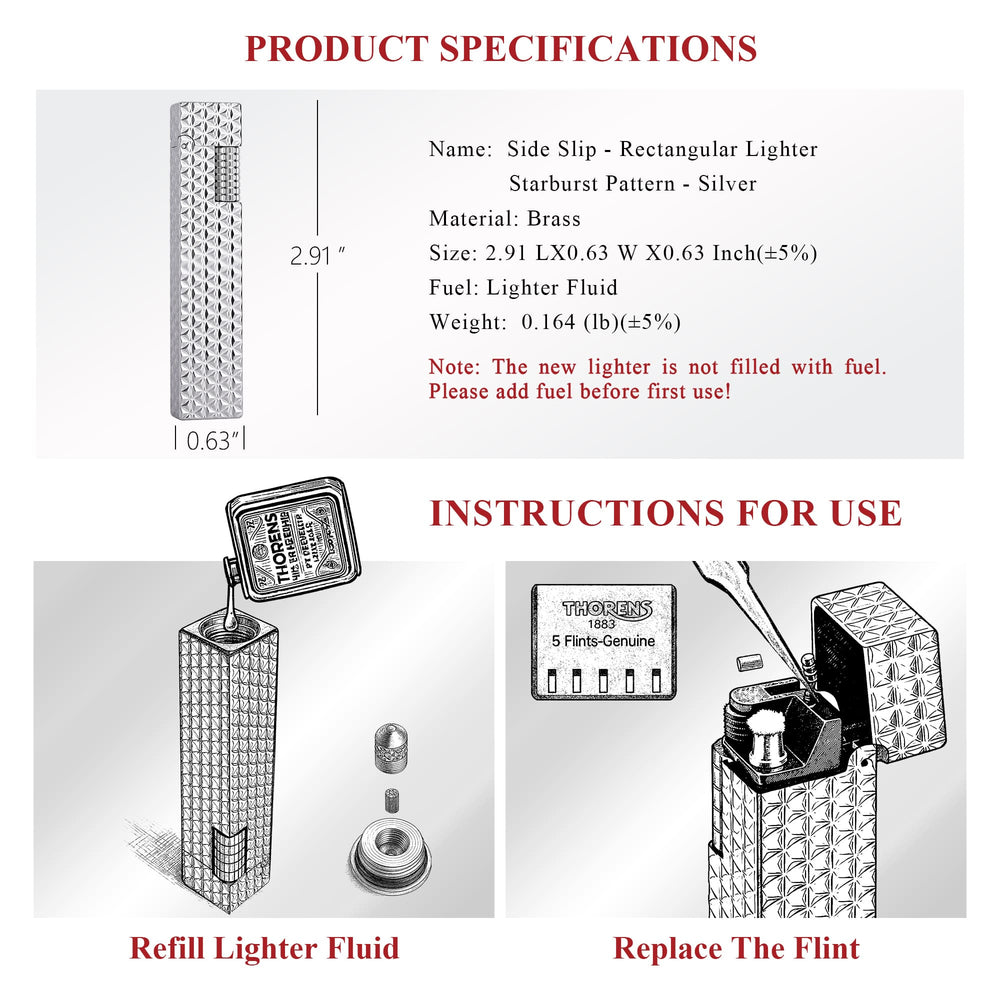 Product specifications and usage guide for the Thorens Side Slip rectangular lighter in silver starburst pattern, including size details, fuel refill, and flint replacement instructions.