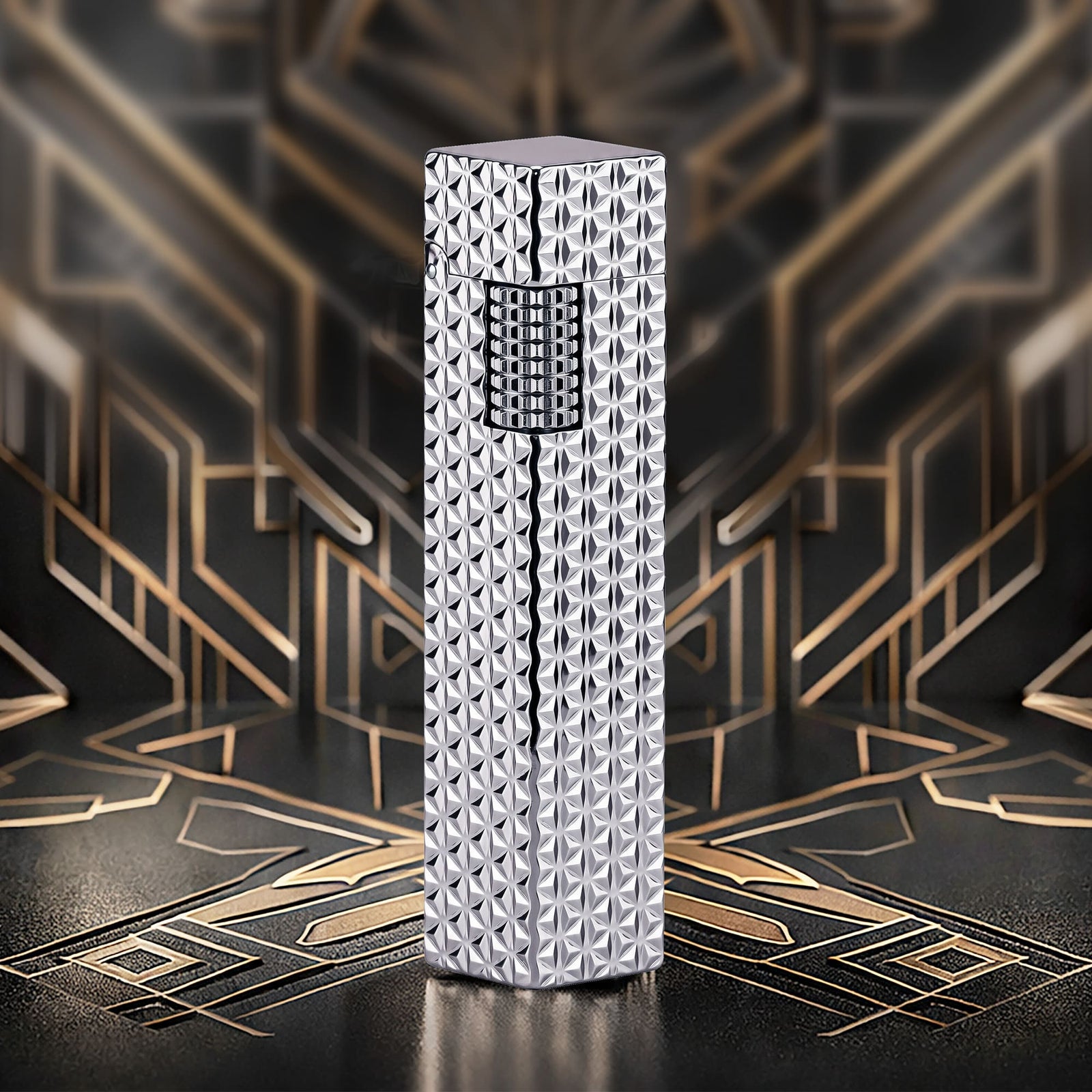 Thorens Side Slip rectangular lighter in silver starburst pattern standing upright, highlighting geometric engraved surface and integrated ignition wheel.