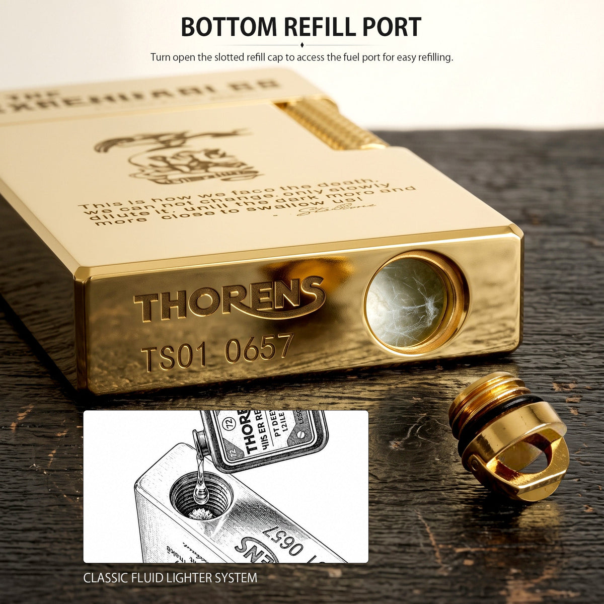 Close-up details of the Side Slip The Expendables lighter, showing the side flint wheel, internal wick assembly, and bottom serial number engraving.