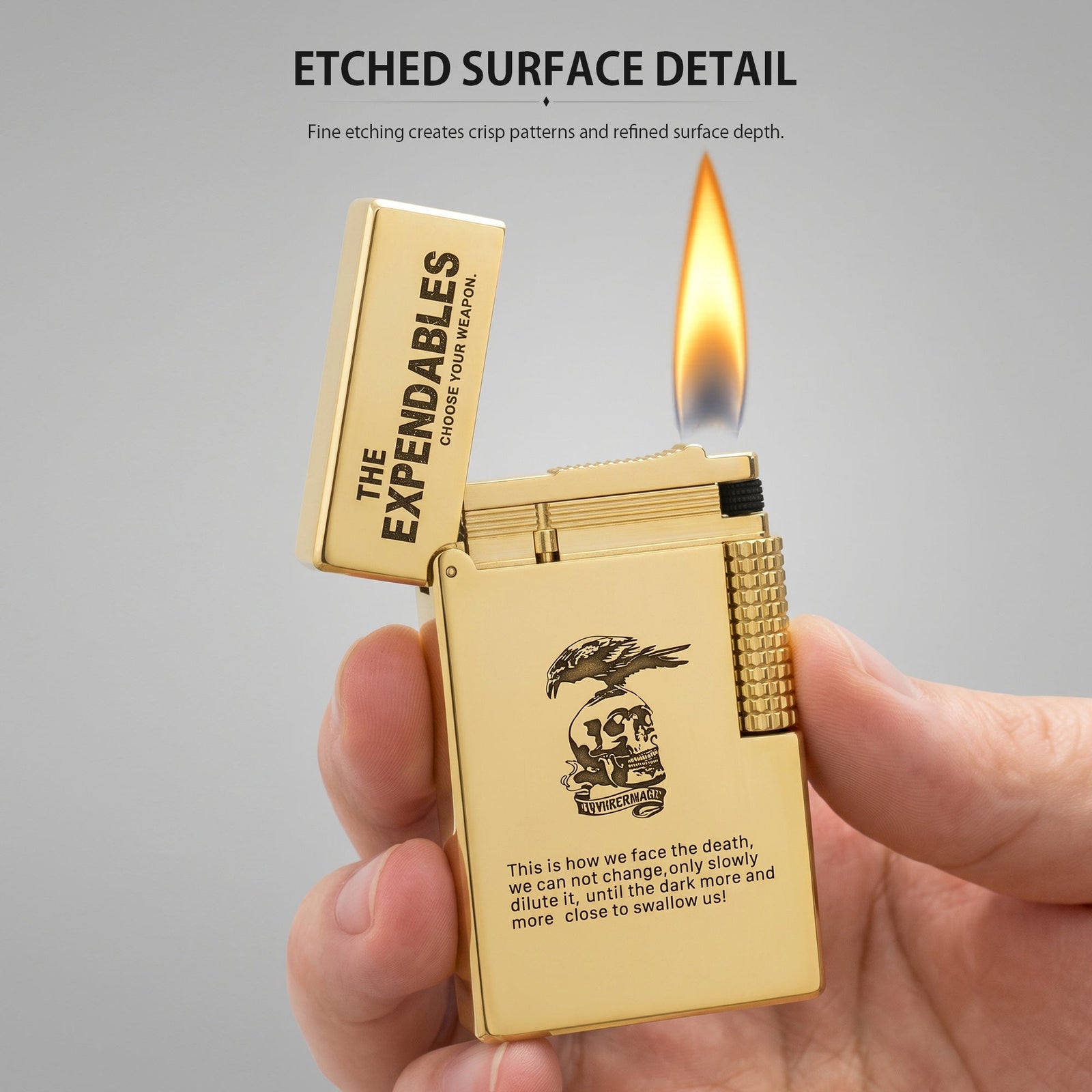 An open gold Side Slip lighter from The Expendables collection, displaying a vibrant ignition flame and sparks against a dark chessboard setting.