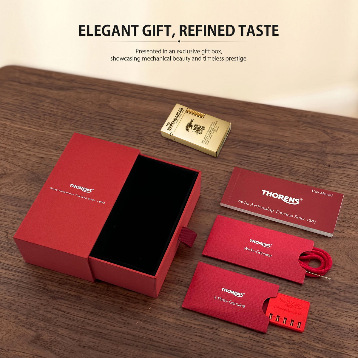The complete product list for the Side Slip The Expendables etched lighter, featuring the signature Thorens red gift box, a user manual, extra flints, and replacement wicks.