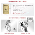 Technical specifications and maintenance guide for the Side Slip The Expendables etched lighter, detailing brass material, dimensions, and refill instructions.