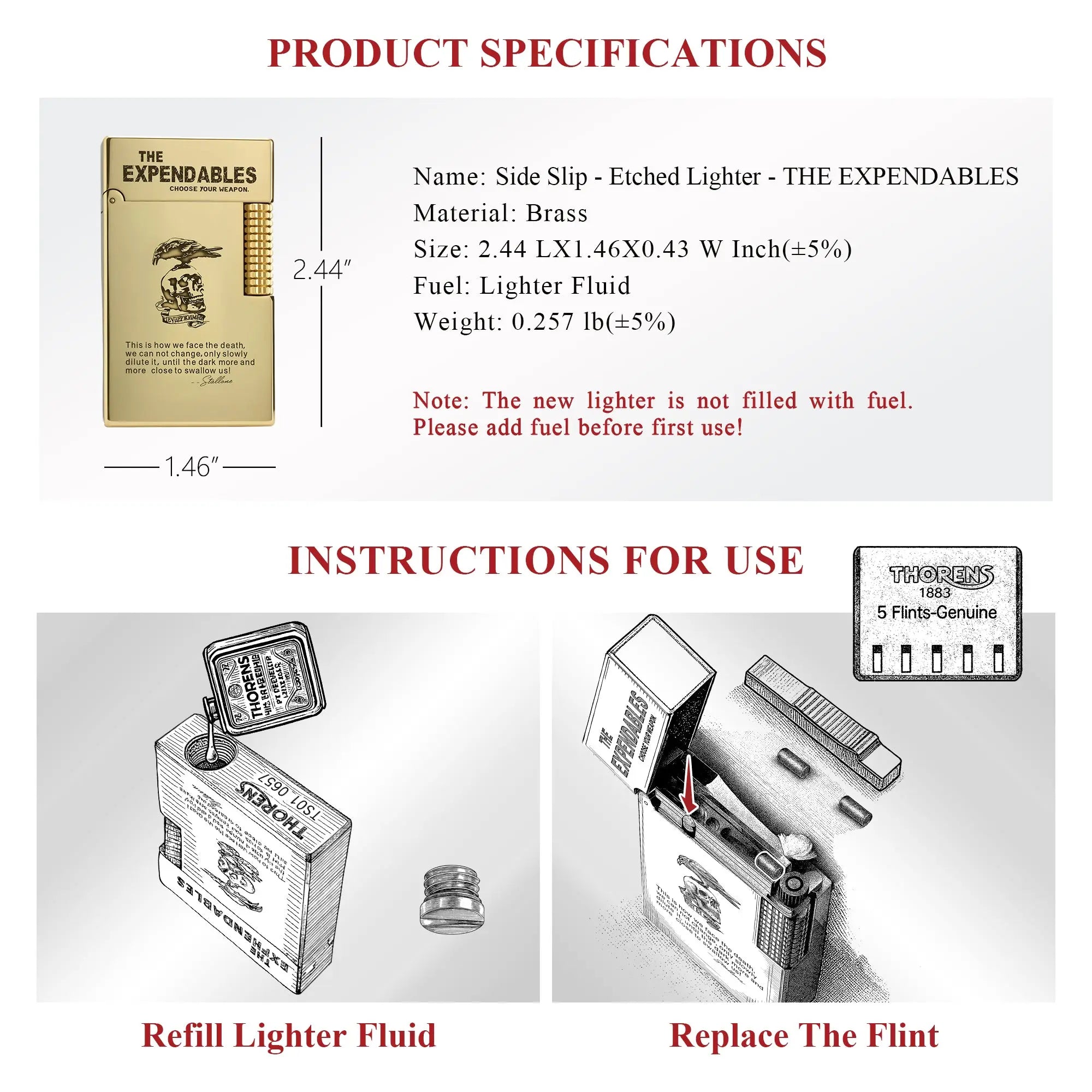 Technical specifications and maintenance guide for the Side Slip The Expendables etched lighter, detailing brass material, dimensions, and refill instructions.